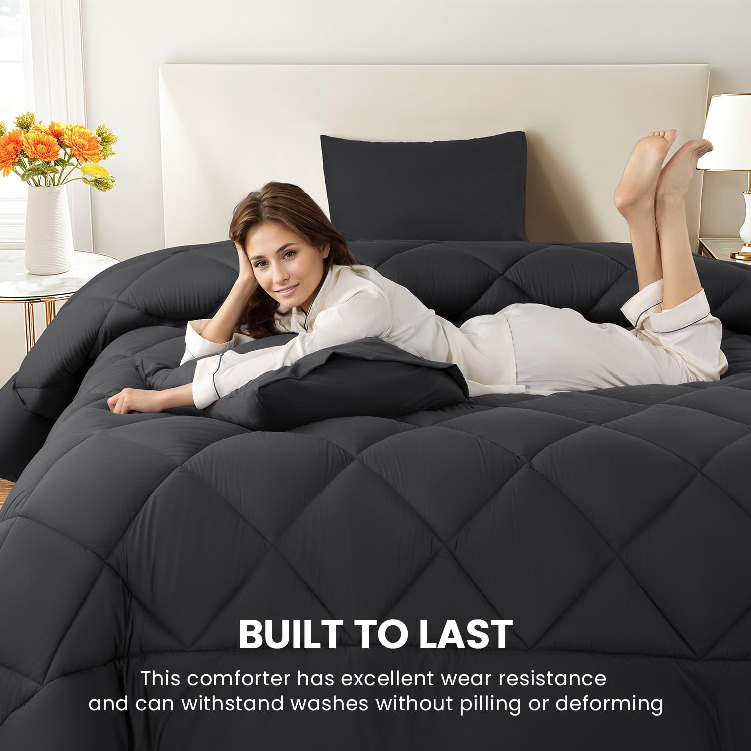 DEITAS Queen Comforter Set 3-Piece, Ultra Soft & Breathable Polyester Microfiber Bedding, Lightweight & Durable, All-Season Bedding Sets with 1 Comforter and 2 Pillow Shams(Queen,Black-20) - Image 3