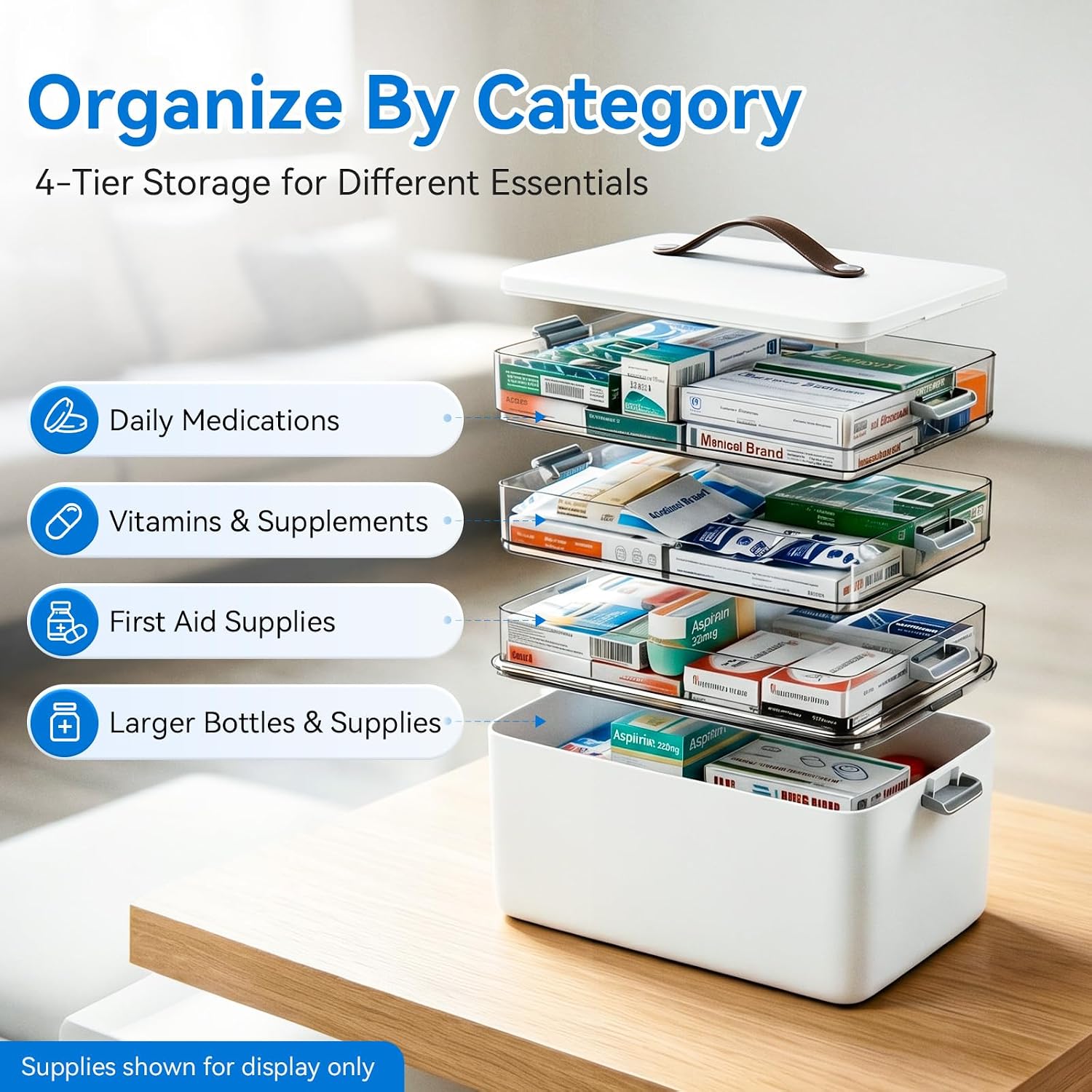 MUEE 4-Tier Medicine Organizer Box with Handle & Side Latches