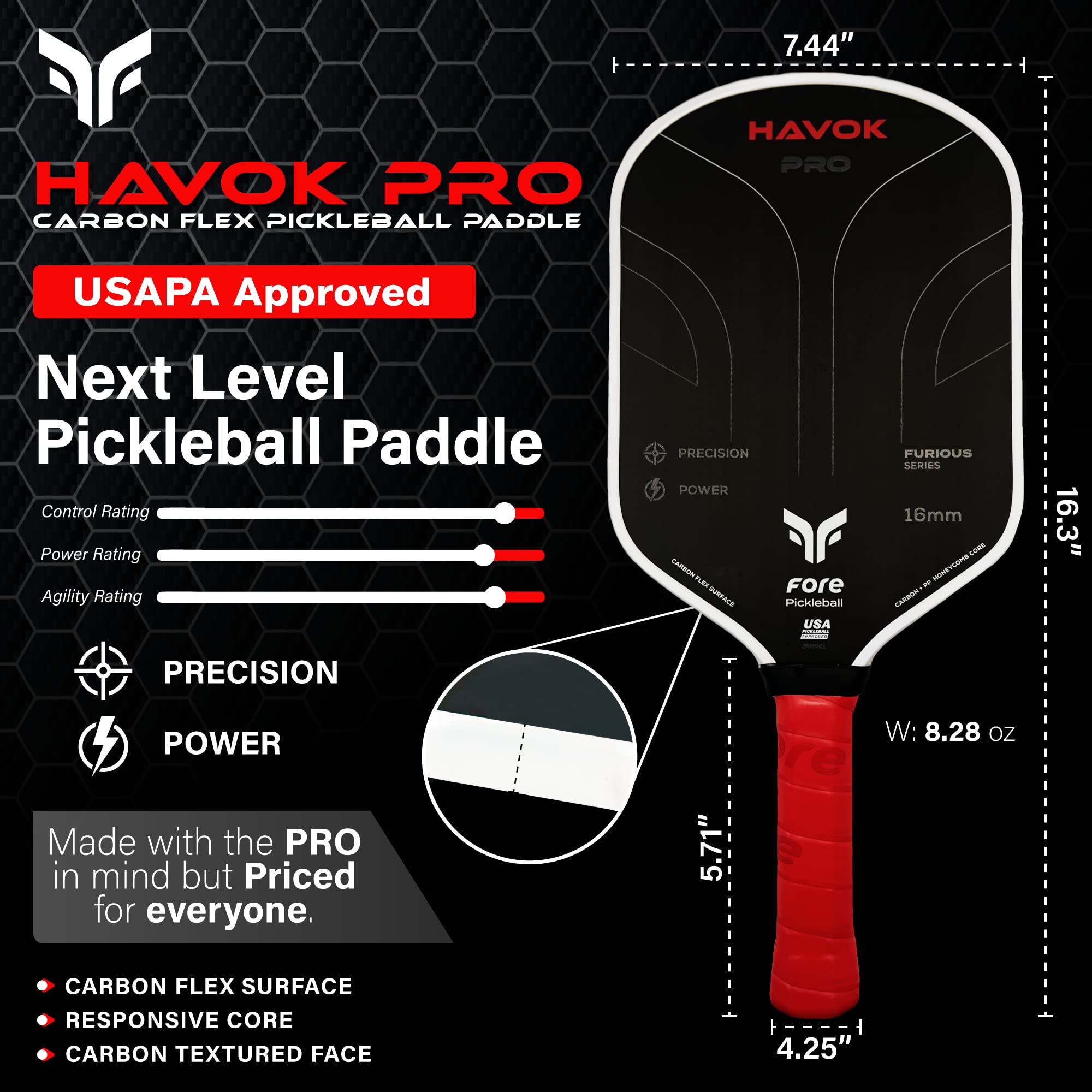 Havok Pro Pickleball Paddle: Carbon Fiber Surface for Enhanced Power, Precision and Maximum Spin - Large Sweet Spot and USAPA Approved - Red