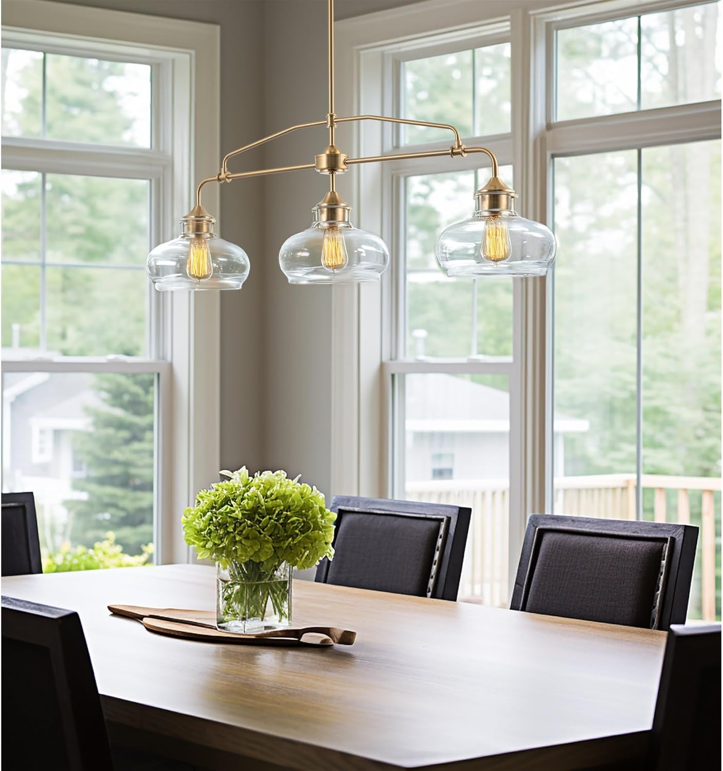 Kira Home Harlow 38" Modern Industrial Farmhouse 3-Light Kitchen Island Light with Clear Glass Shades, Adjustable Hanging Height, for Dining Room, Living Room or Kitchen, Cool Brass Finish