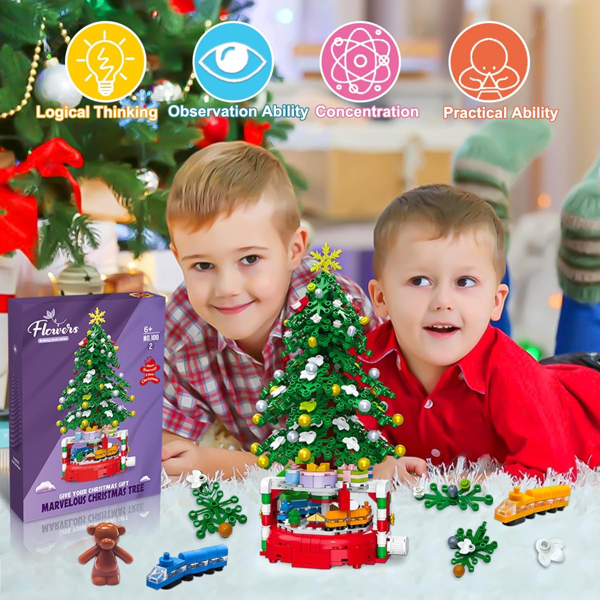 BAOXUE Christmas Tree Building Block Set, 515 Pieces, Rotating Base with Ornaments and Star, Holiday Building Toy, Stocking Stuffers for Kids, Gifts for Boys & Girls