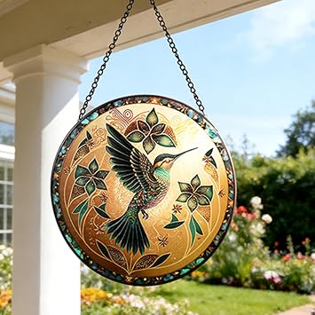 OnBrand 7.8" Hummingbird Stained Glass Window Hanging with Metal Chain