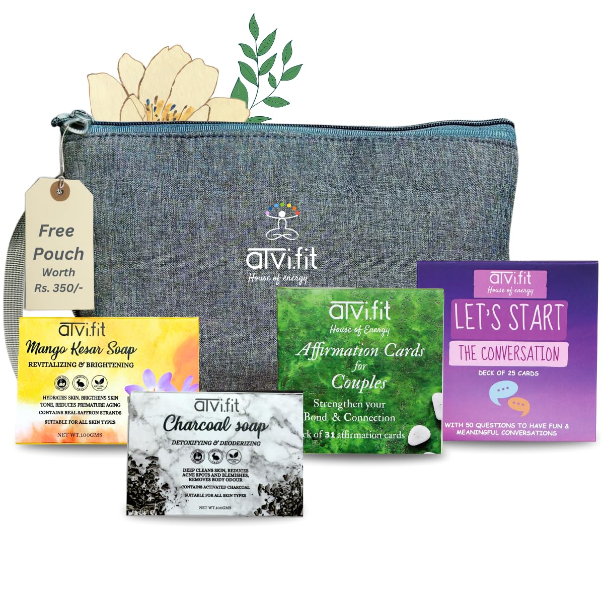 Atvi.fit Soap and Card Combo with free Pouch | Positive Affirmation cards for Couples,Charcoal soap 100gm,Let's start a conversation" cards ,Revitalizing and brightening organic Mango Kesar soap 100gm-image-6