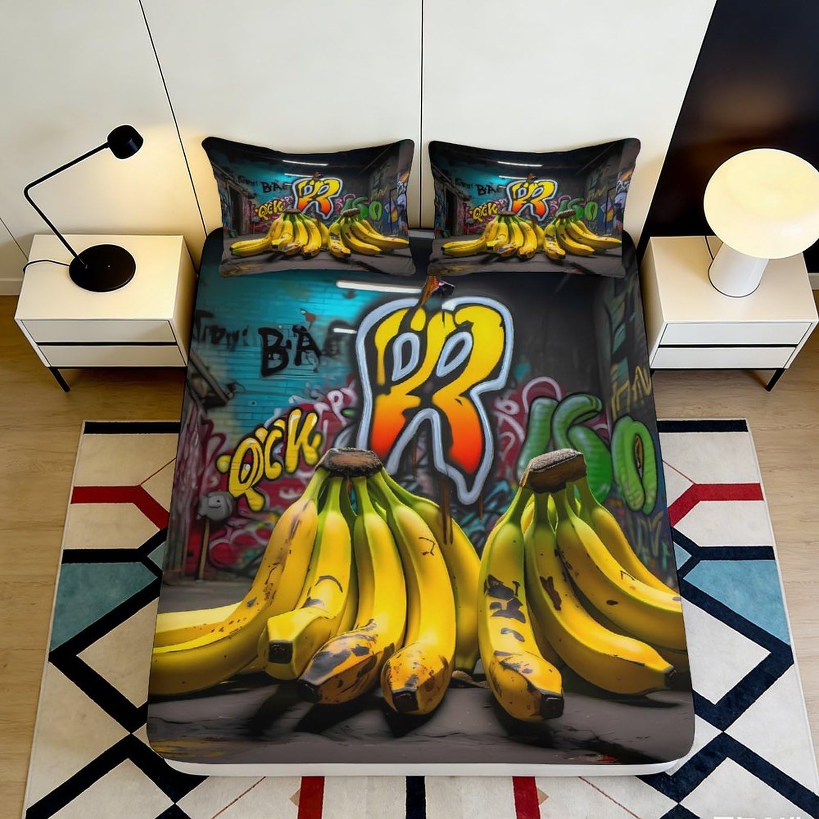 3D Printed Graffiti Banana Fitted Sheet Microfiber Deep Pocket Graffiti Banana Mattress Fitted Cover Non-Slip Bedroom Bedding 200x200x25cm 90x200x25cm