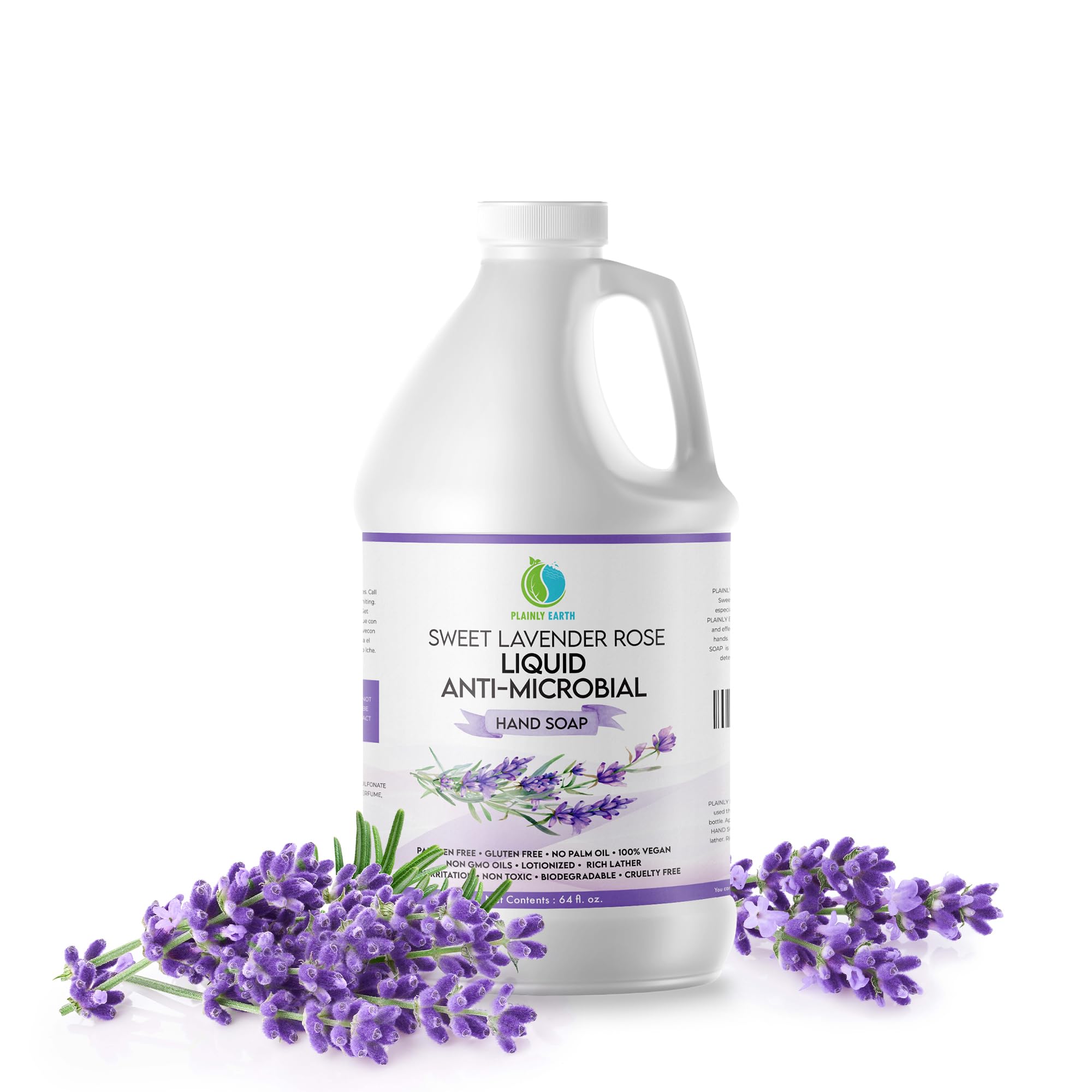 Plainly Earth AntiMicrobial Hand Soap 64 oz - Soft and Gentle Sweet Lavender Rose Antibacterial Hand Wash Soap, Long Lasting Freshness & Safe for Skin