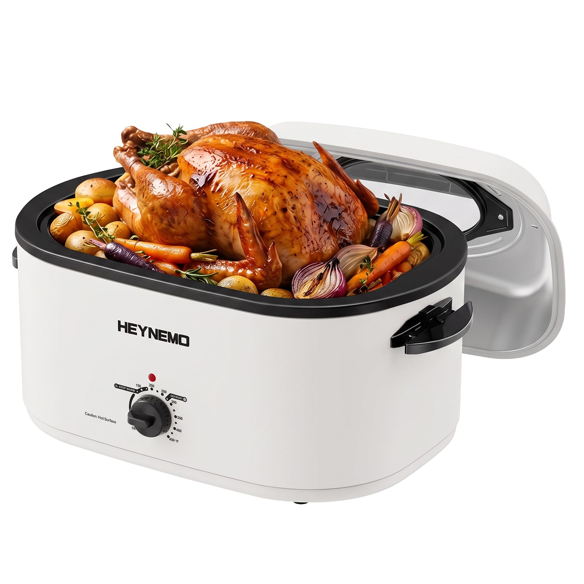 26Qt Turkey Roaster Oven Buffet with Self-Basting Lid, 1450W Stainless Steel Electric Roaster Oven with Cool-Touch Handles, Removable Pan and Rack, White