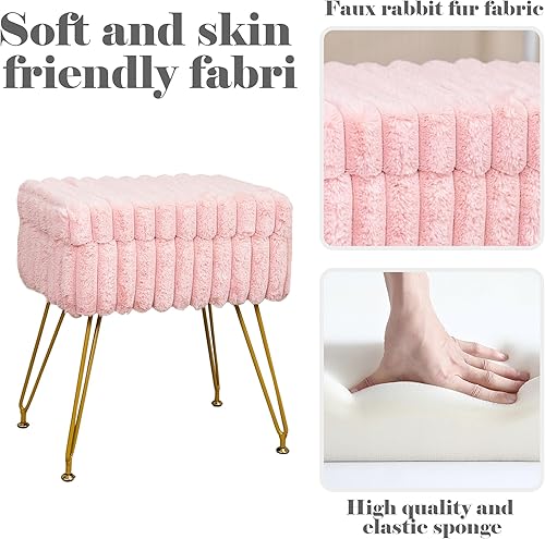 Miniatura 6 de Taburete de tocador de piel sintética rosa con otomana de almacenamiento, silla de tocador para sala de maquillaje, taburetes de tocador para