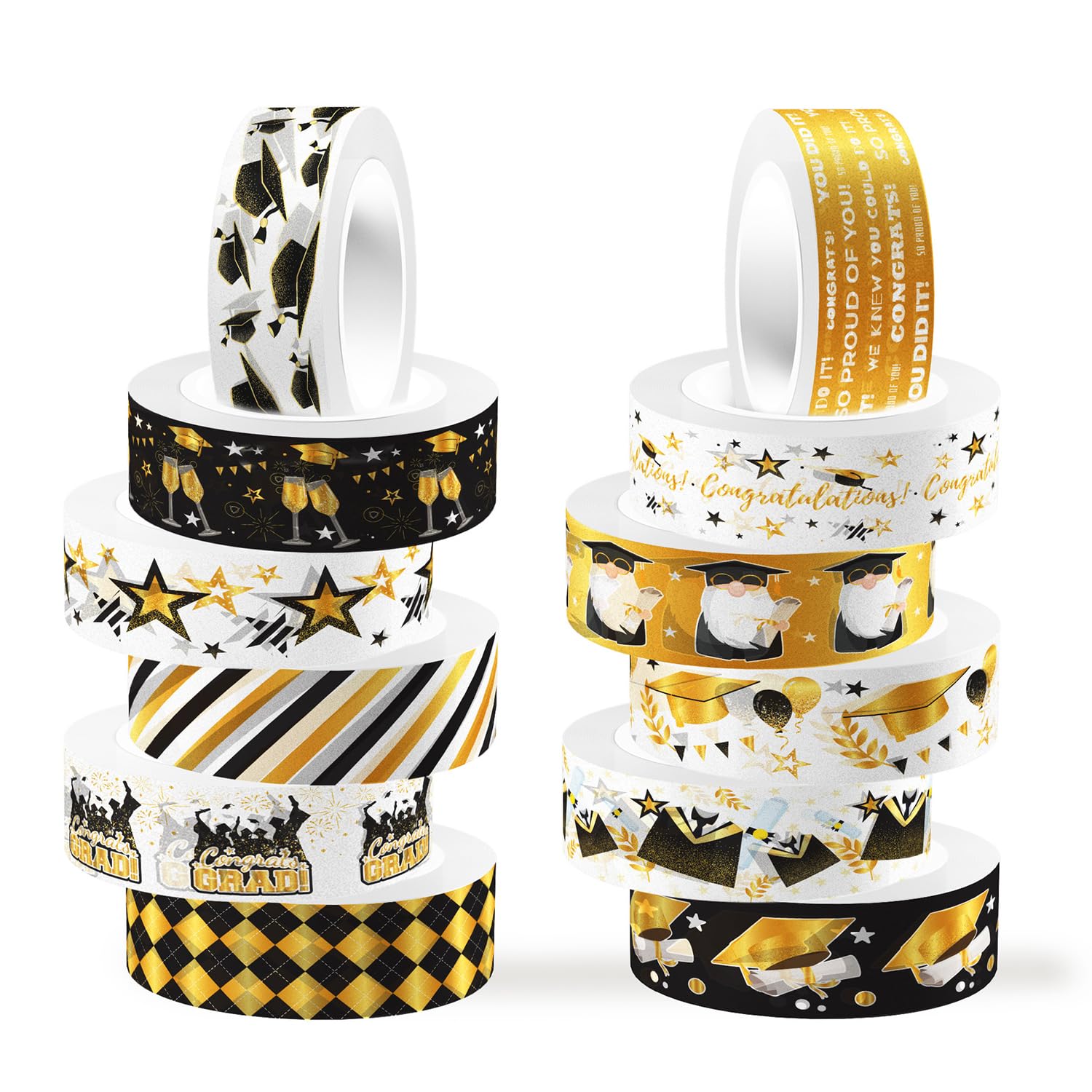 hhdatc Black Gold Washi Tape Stickers,Scrapbooking Tape Wrapping DIY Art Crafts for Graduation Scrapbook Gift Class of 2024(12 Rolls)
