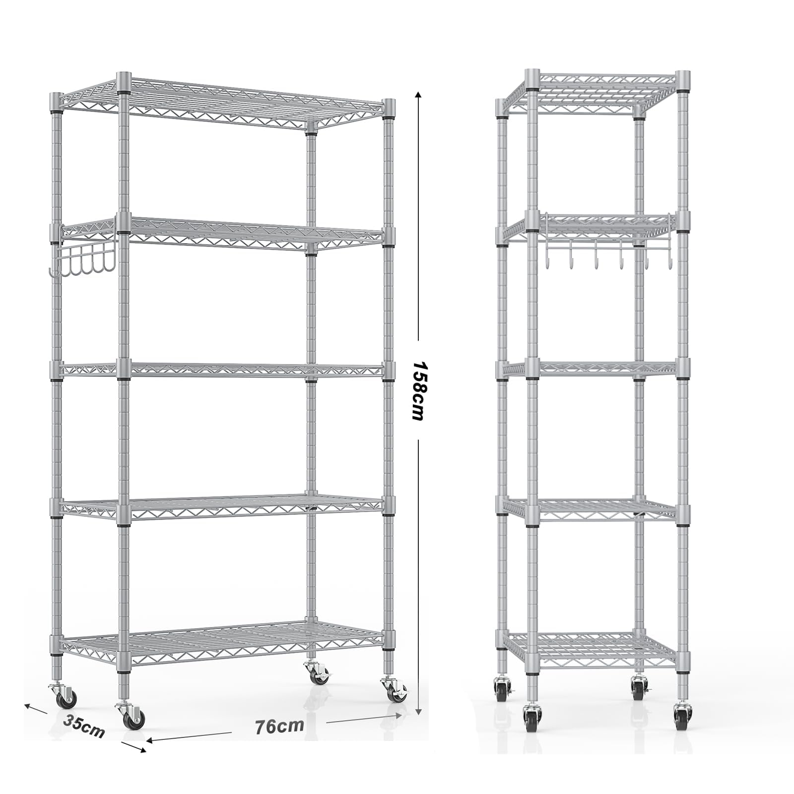Regal mit 5 Regalböden und Rädern, Robustes Metalldrahtregal mit Haken, höhenverstellbar, für Badezimmer, Küche, Garage (76 x 35 x 158 cm), Silber