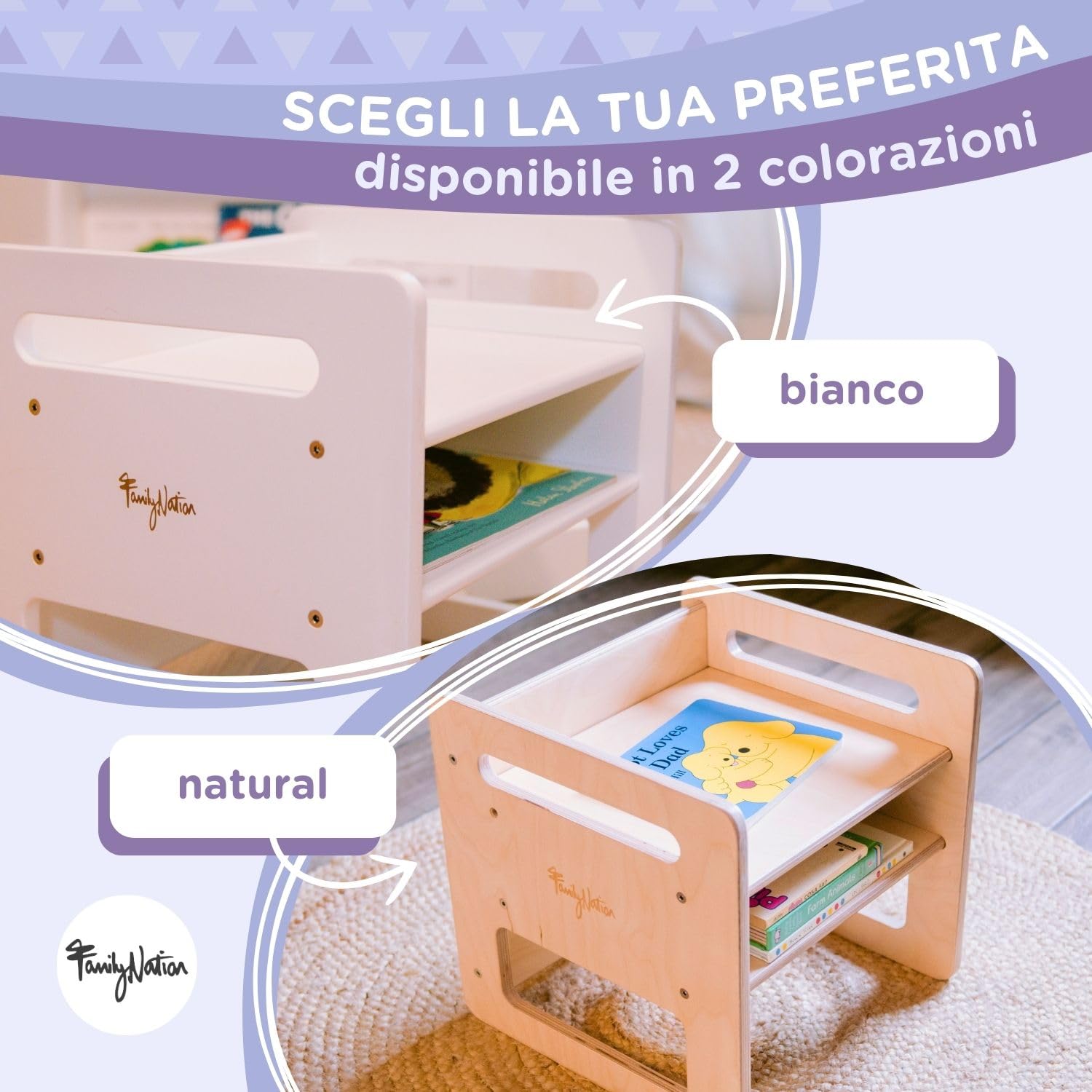 Family Nation, Sedia Montessoriana Evolutiva, Altezza Regolabile, per Bambini dai 10 ai 48 Mesi, Solida Struttura in Legno, Bianca, 35x35x35 cm