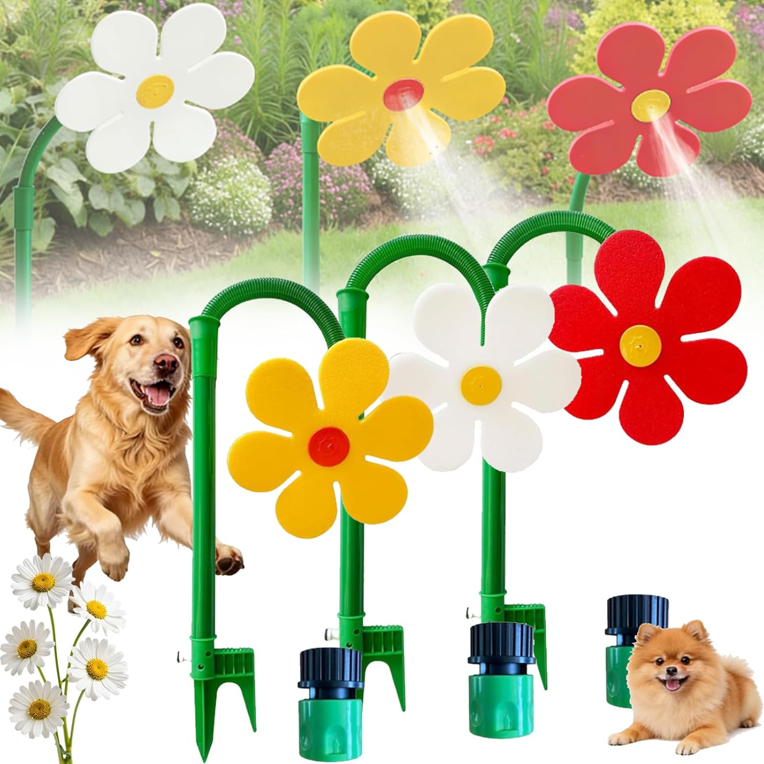 Crazy Daisy Sprinkler - Dancing Flower Water Sprinkler Lawn Toy, 360° Rotating Sunflower Stake, for Garden Yard, Funny & Vibrant Plastic Base Outdoor Summer Play (White+Red+Yellow)