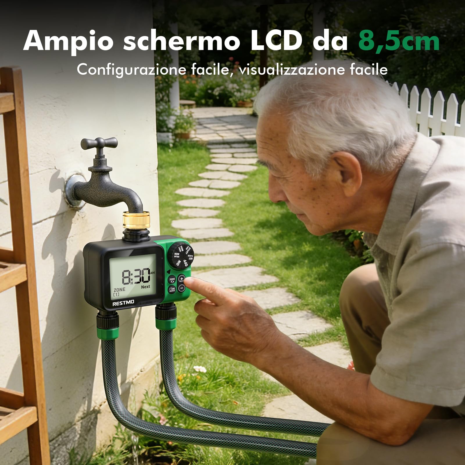 RESTMO Computer di Irrigazione 2 Zona, Timer Irrigazione con Display Grande | Automatico/Manuale/Ritardo Pioggia (12/24/48/72H), Timer per Tubo da Giardino, Rubinetto Esterno
