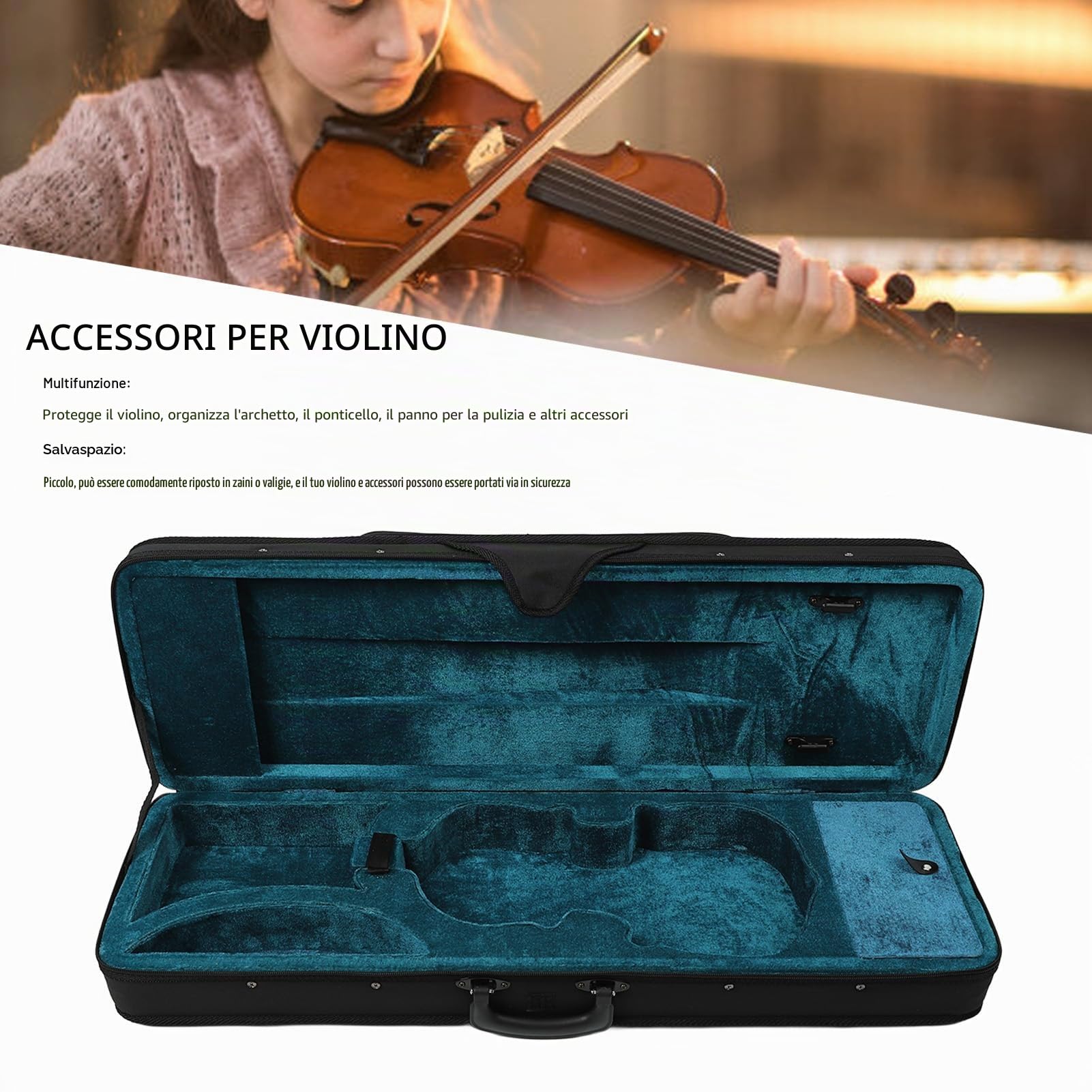 Custodia rigida per violino leggera, protettiva, rettangolare, in tessuto Oxford, in schiuma, per violino 4/4, colore nero
