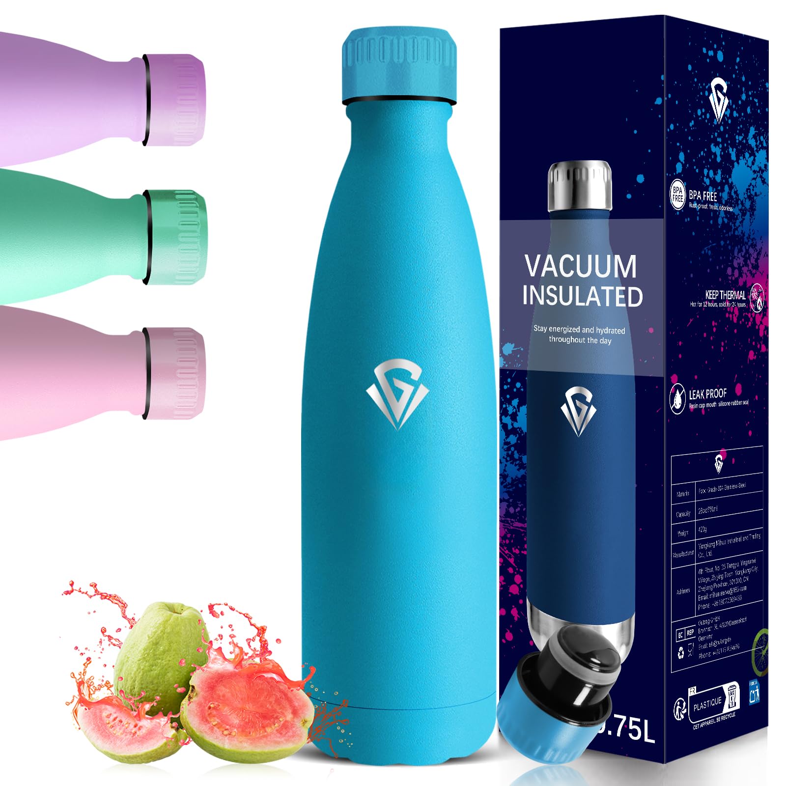 Mujigaga 750ml Insulated Water Bottle, Leak Free Gym Water Bottle, Reusable Stainless Steel Water Bottle, Vacuum Insulated, BPA Free Thermal Bottle for Office, Work, Camping