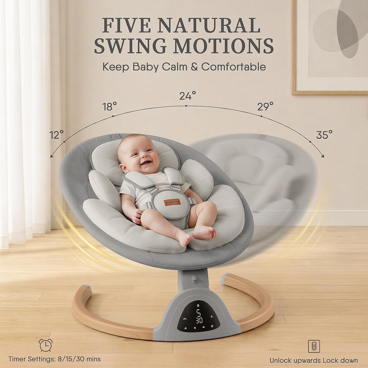 Baby Swings for Infants, TinyGlow Baby Swing, Electric Baby Swing with Remote Control, Portable Infant Swing for Indoor & Outdoor Use (Grey)