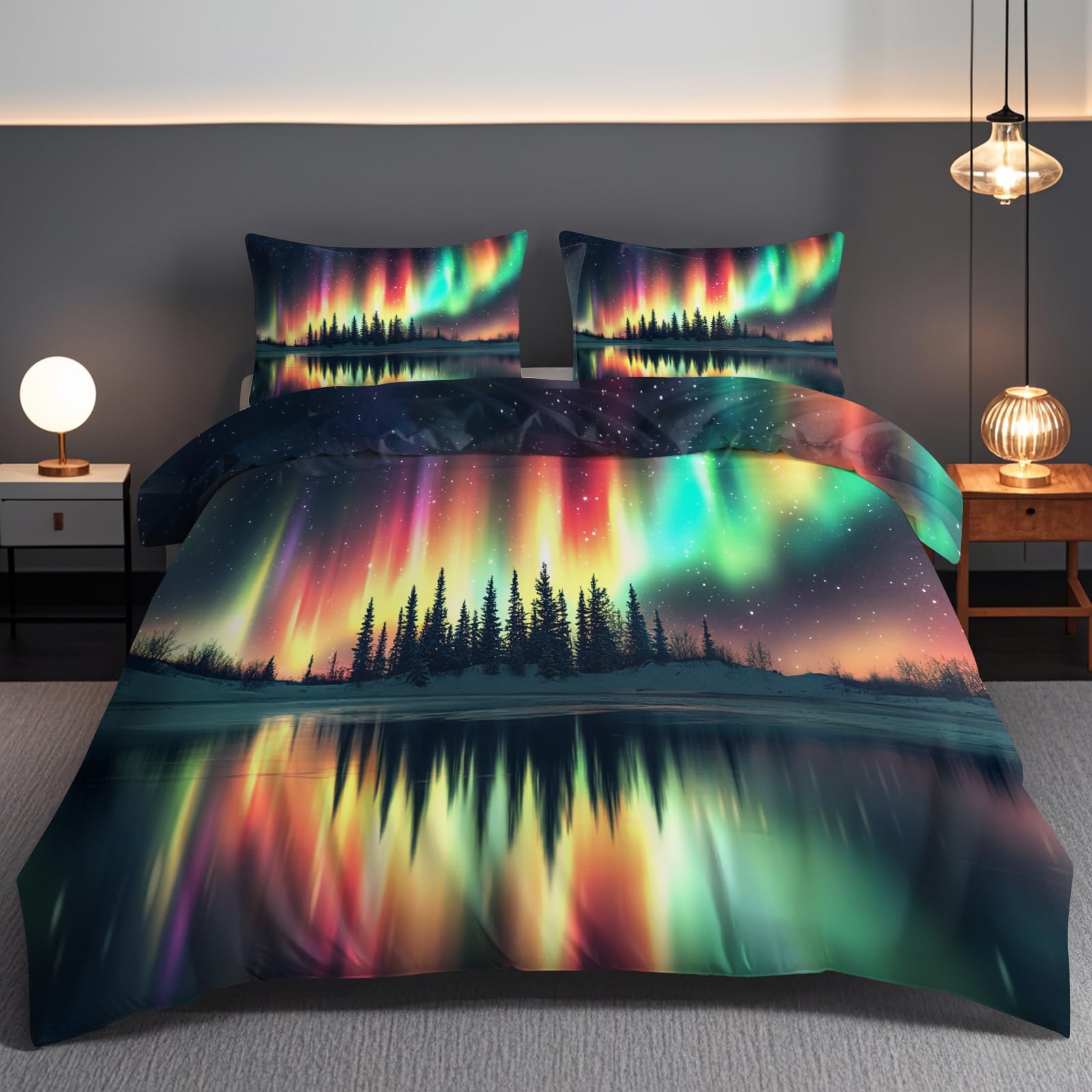 Parure de couette nuit colorée 240x220cm au design aurores boréales haute définition