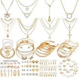 116Pieces Gold Plated Jewelry Set with 8 PCS Necklace, 22 PCS Bracelet, 66 PCS Stud Dangle Earring, 20 Pcs Knuckle Rings for Women Valentine Anniversary Friendship Gifts (GOLD SET)