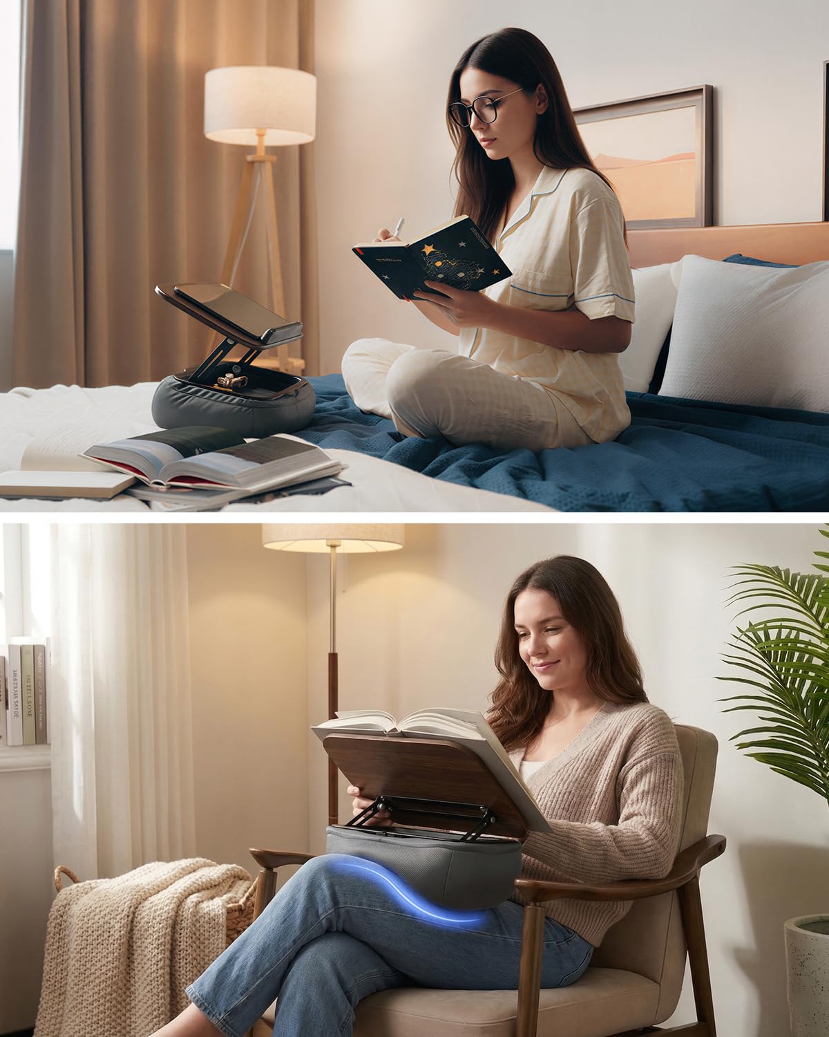 Viozon Support de livre pour lire au lit, avec rangement, bureau sur les genoux, pour livre A3 ~ A5 et tablette/ordinateur portable de 17,8 à 15", coussin de lecture, support de page, support de livre