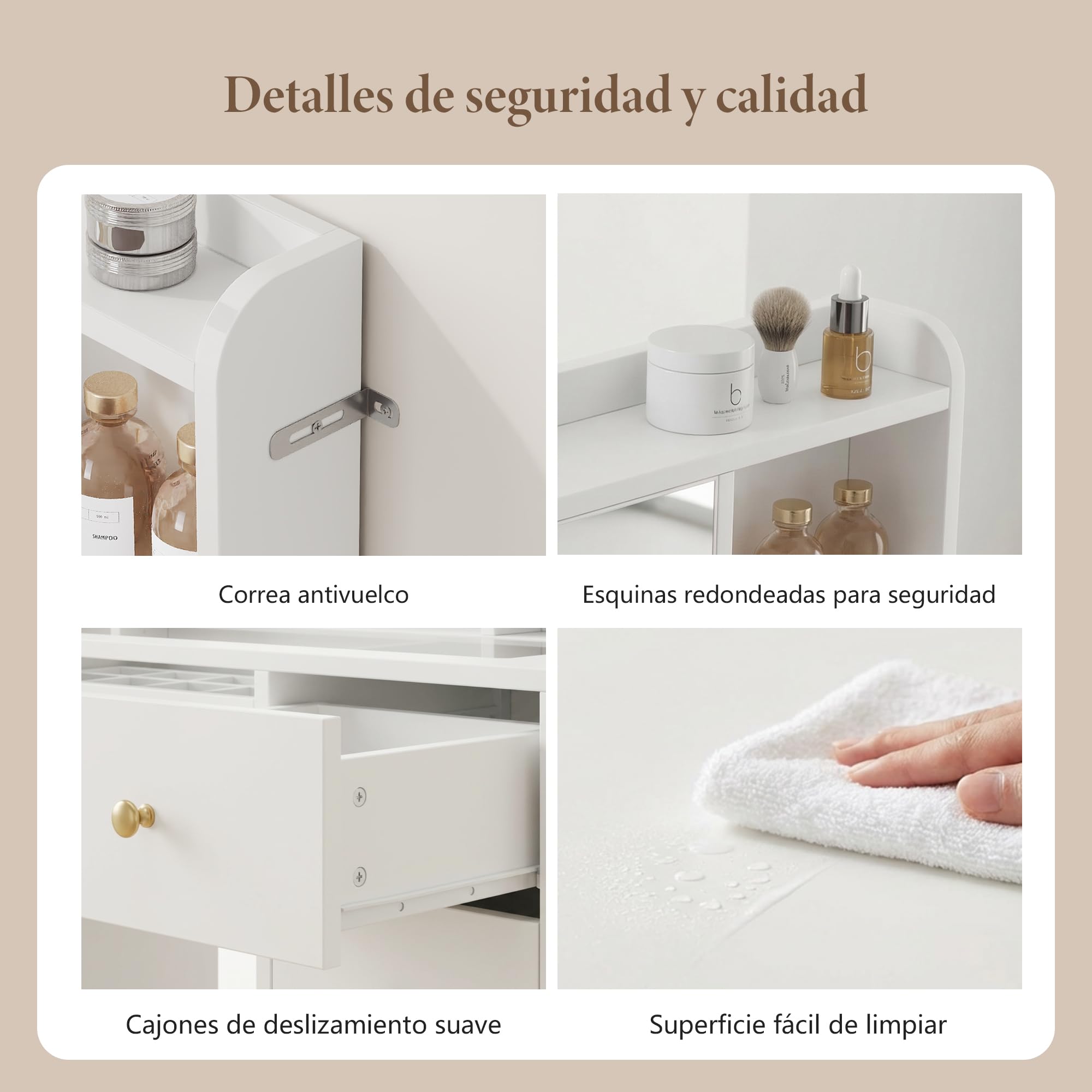 Heybly Tocador de Maquillaje con Espejo LED y Luz, Tocador Grande con Cajones y Cristal, Luces RGB, Enchufes y Puertos USB, Tocador Moderno Blanco para Dormitorio BDT001WT