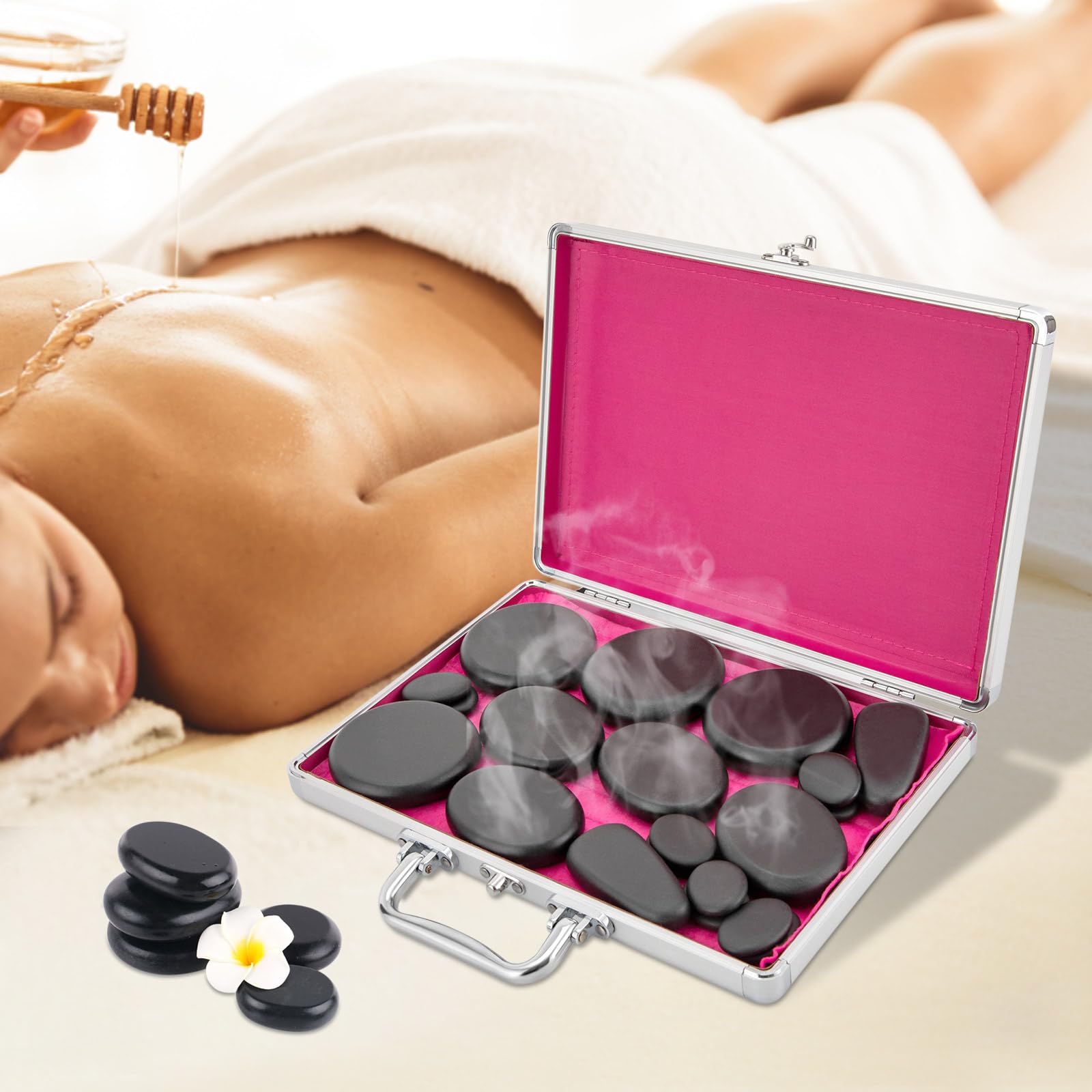 Set de masaje de piedra caliente (18 unidades, portátil, con caja de calefacción)