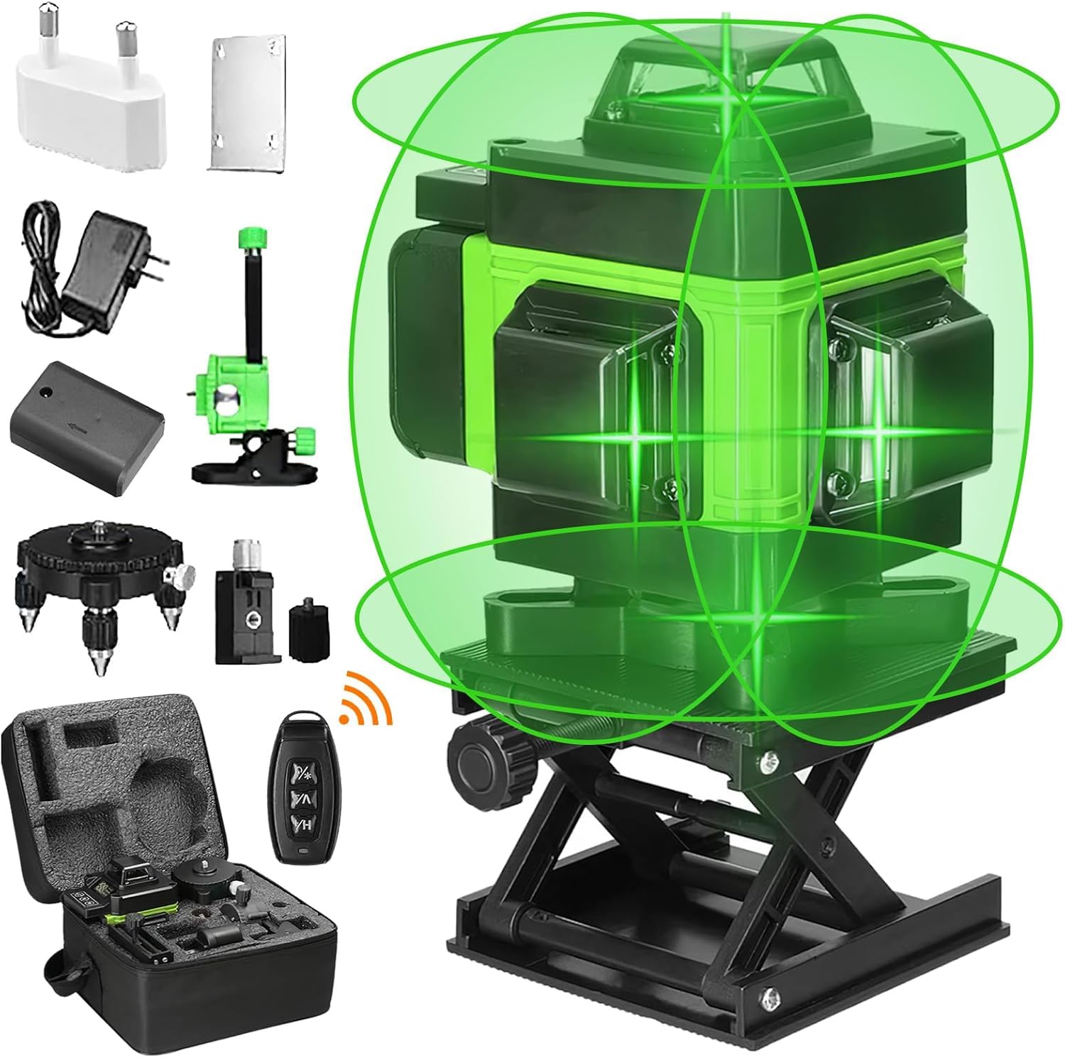 4 x 360° Laser Level, 4D 16Line Green Lazer Level, Self-Leveling 360 Lasers Levels, Horizontal & Vertical Laser, Remote Control, Rechargeable Battery 2 * 2600 MAh