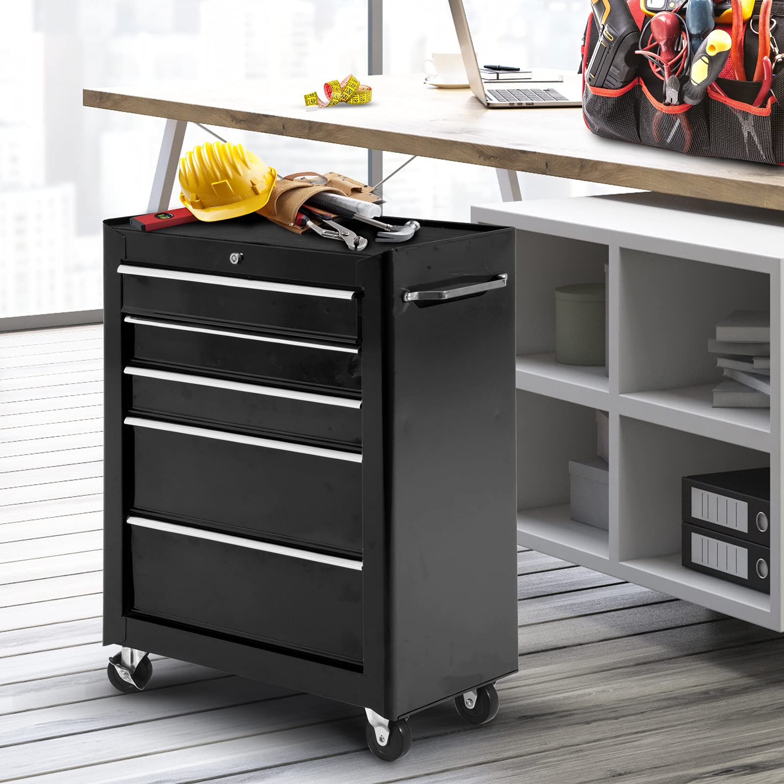 HOMCOM Mobile Workshop Tool Box Trolley 5 Drawers 4 Wheels Black | lock