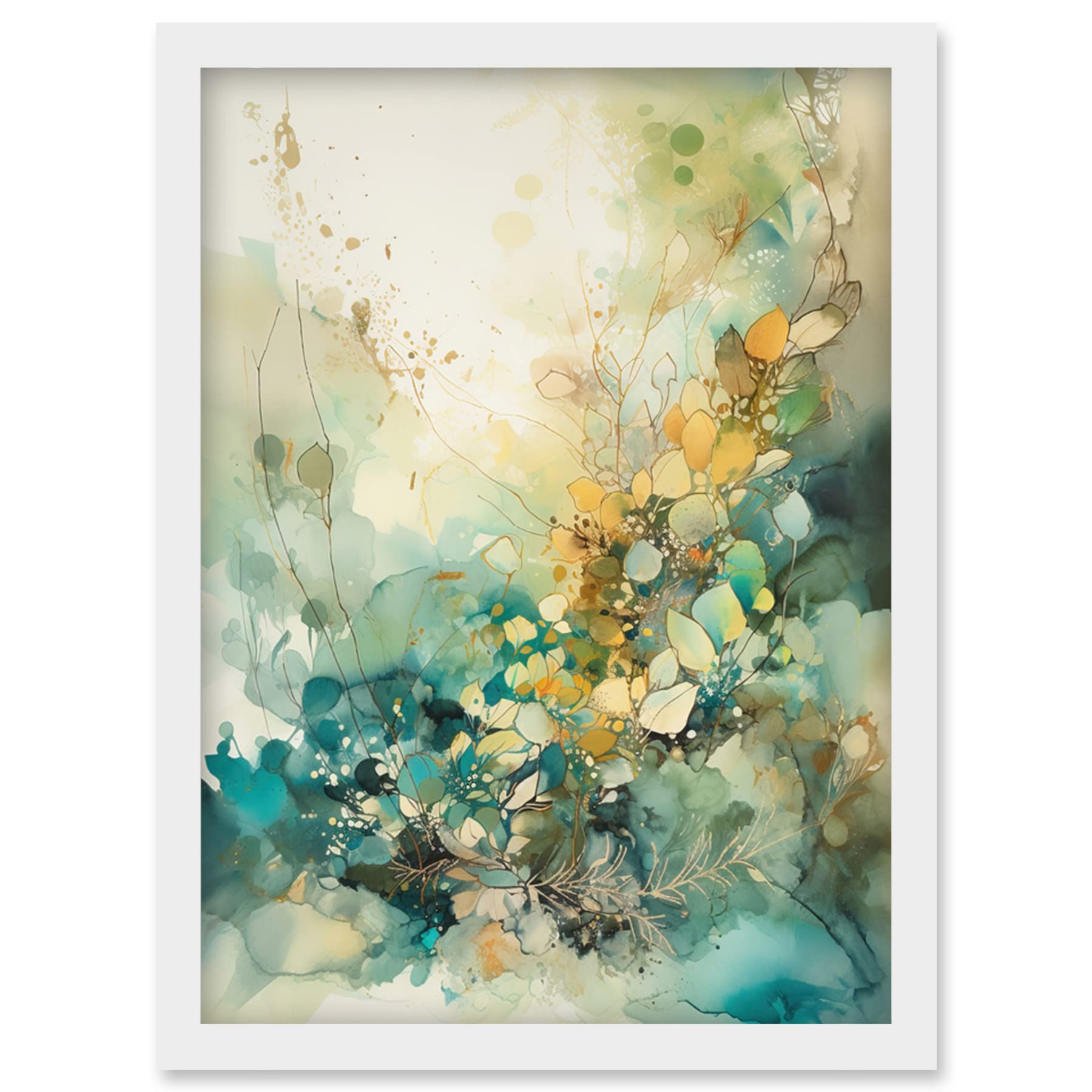 Artery8 Wild Plant Flora in Teal Blue and Orange Modern Watercolour Painting Artwork Framed Wall Art Print A4