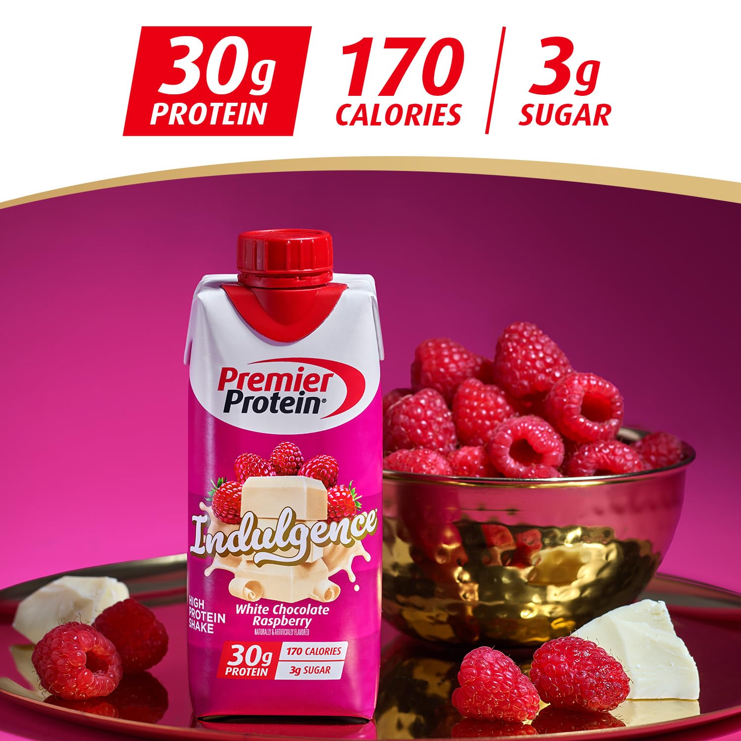 Premier Protein Shake INDULGENCE, White Chocolate Raspberry, 30g Protein, 170 Calories, 3g Sugar, 11 fl oz, 12 Pack