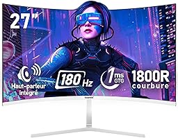 Gawfolk 27 Inch Curved 180Hz Gaming Computer Monitor, 1800R, 1ms, FHD 1080p, 178° Wide Angle, Built-in Speaker, HDMI、DisplayPort, Compatible with Wall Mount, 100 x 100 mm, White