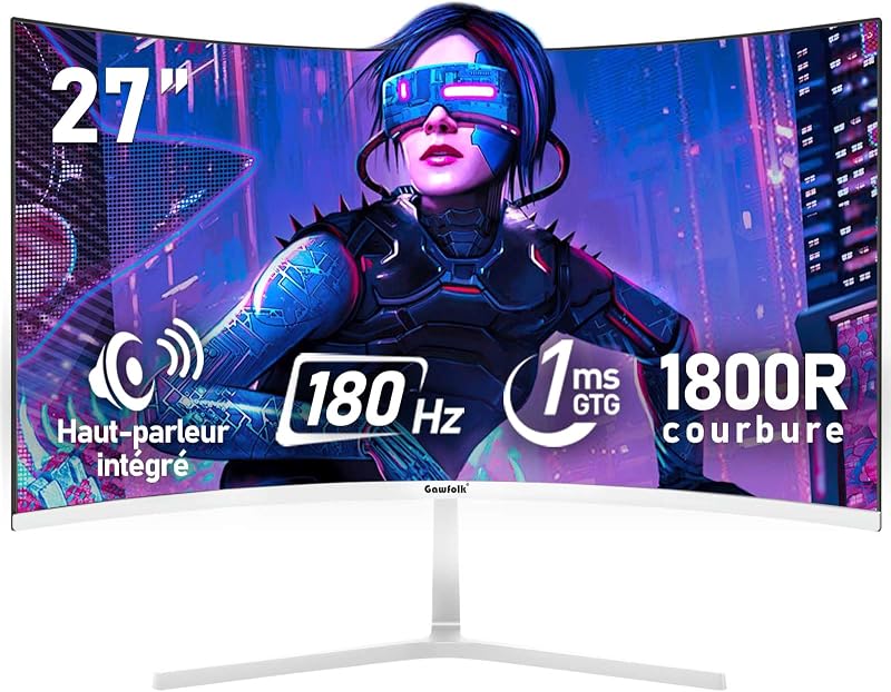 Gawfolk 27 Inch Curved 180Hz Gaming Computer Monitor, 1800R, 1ms, FHD 1080p, 178° Wide Angle, Built-in Speaker, HDMI、DisplayPort, Compatible with Wall Mount, 100 x 100 mm, White