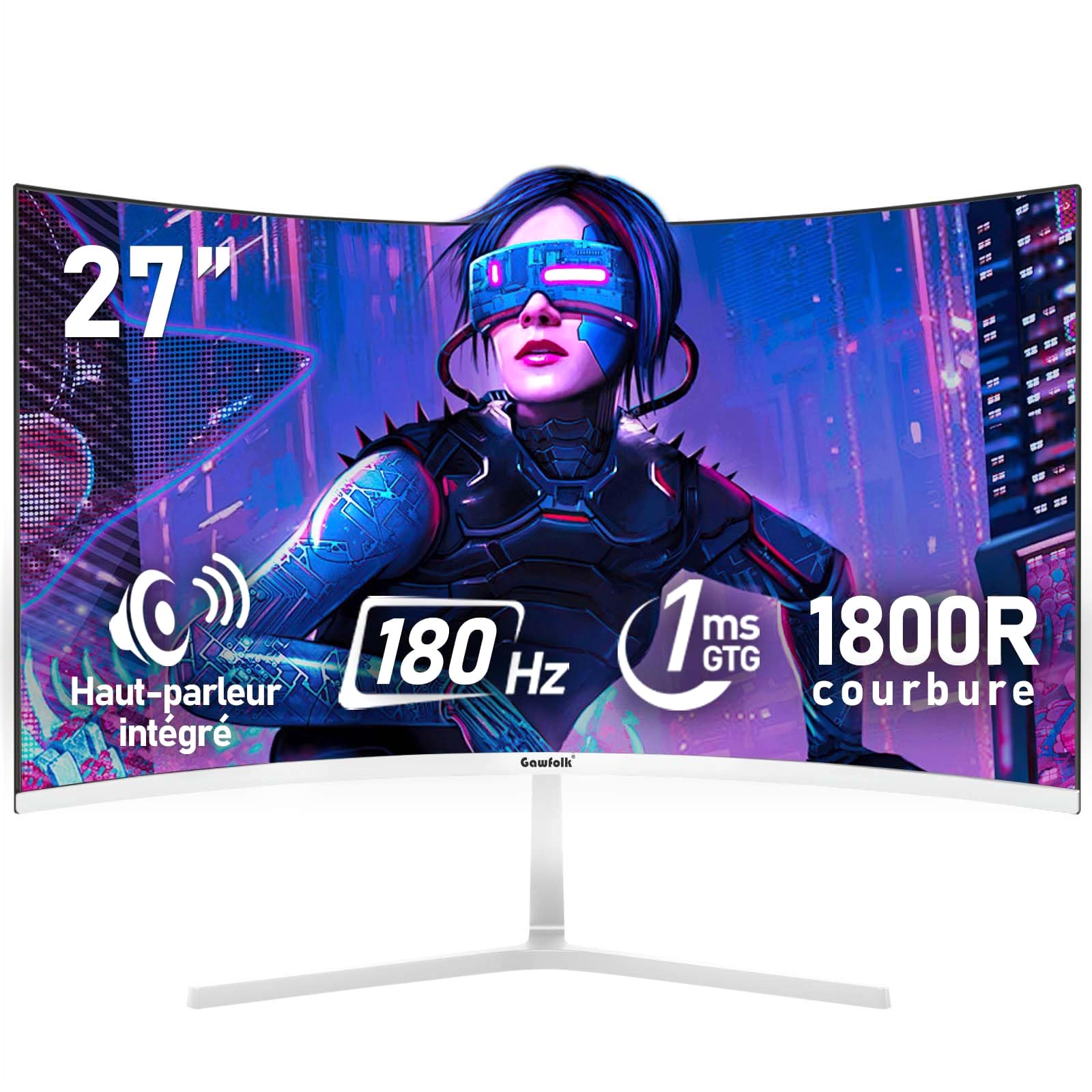 Gawfolk 27 Inch Curved 180Hz Gaming Computer Monitor, 1800R, 1ms, FHD 1080p, 178° Wide Angle, Built-in Speaker, HDMI、DisplayPort, Compatible with Wall Mount, 100 x 100 mm, White - 1