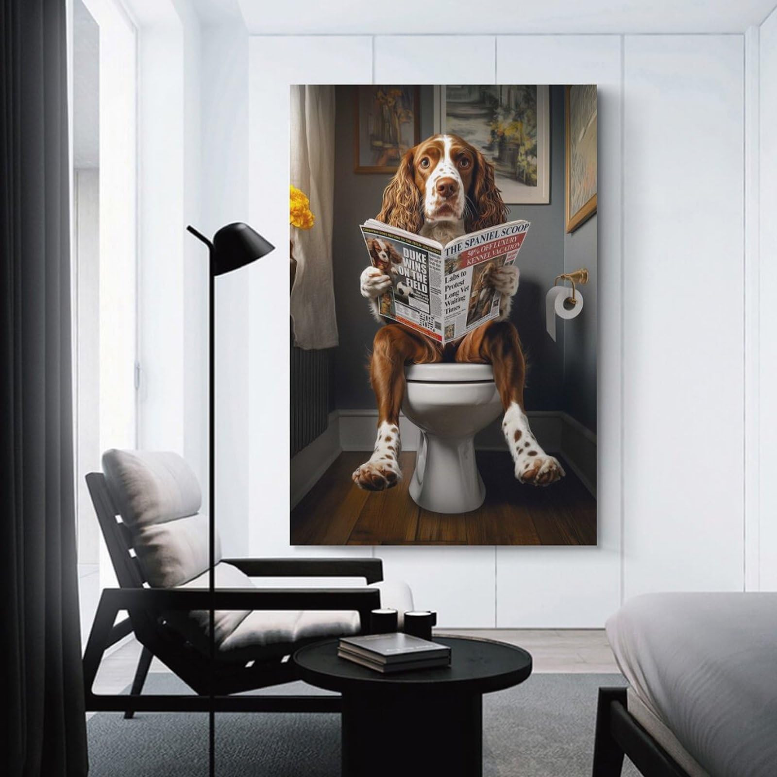 Junmoney Unframe-Style-5 Springer Spaniel Toilet Canvas Wall Decor 24X36inch(60X90cm), For Small Homes, Bedrooms Or Open Spaces, Stylish Wall Art For Fresh Spaces
