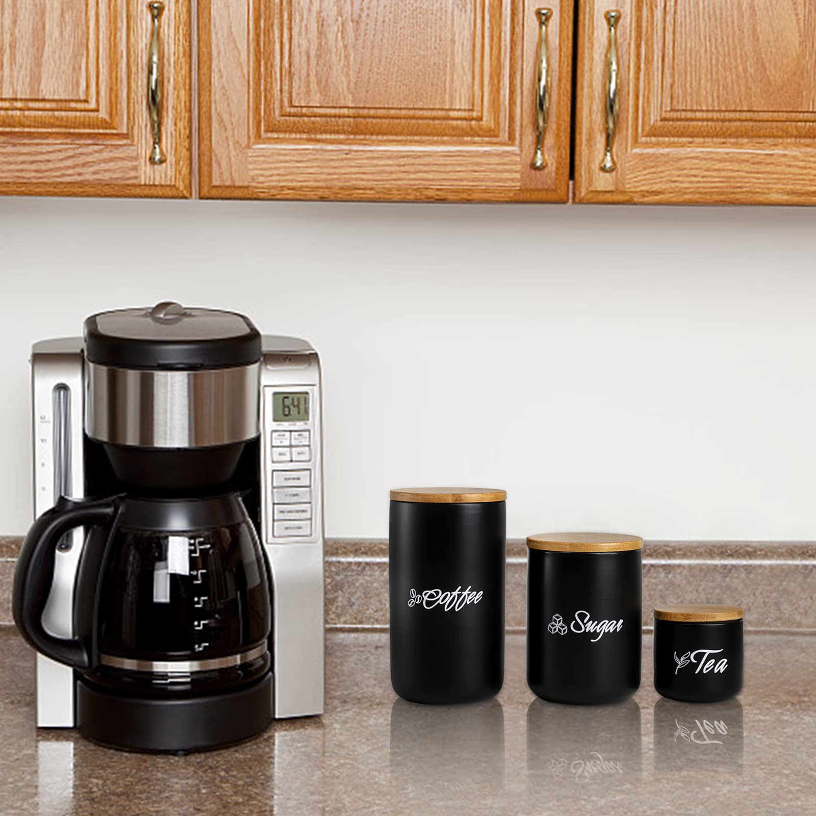 TOPZEA Set di 3 contenitori da cucina, in ceramica, con coperchio in bambù, ermetici, per tè, caffè, zucchero, cucina, vasetti per alimenti, vasetti per dispensa, piano di lavoro, nero