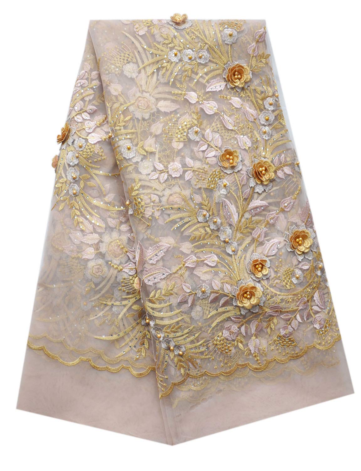 SanVera17 Applique African Lace Fabric 3D Lace Material Net Lace Fabric French Tulle Lace for Wedding Dress (Gold) 5 Yards