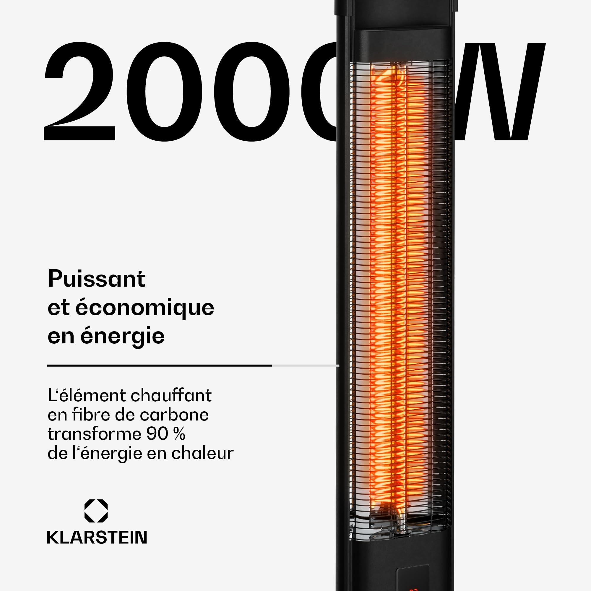 Klarstein BlazeTower Chauffage Infrarouge sur Pied - 2000W, 3 Niveaux, IP45, Télécommande, Minuterie, Protection Anti-Basculement - Radiateur Infrarouge Extérieur Terrasse