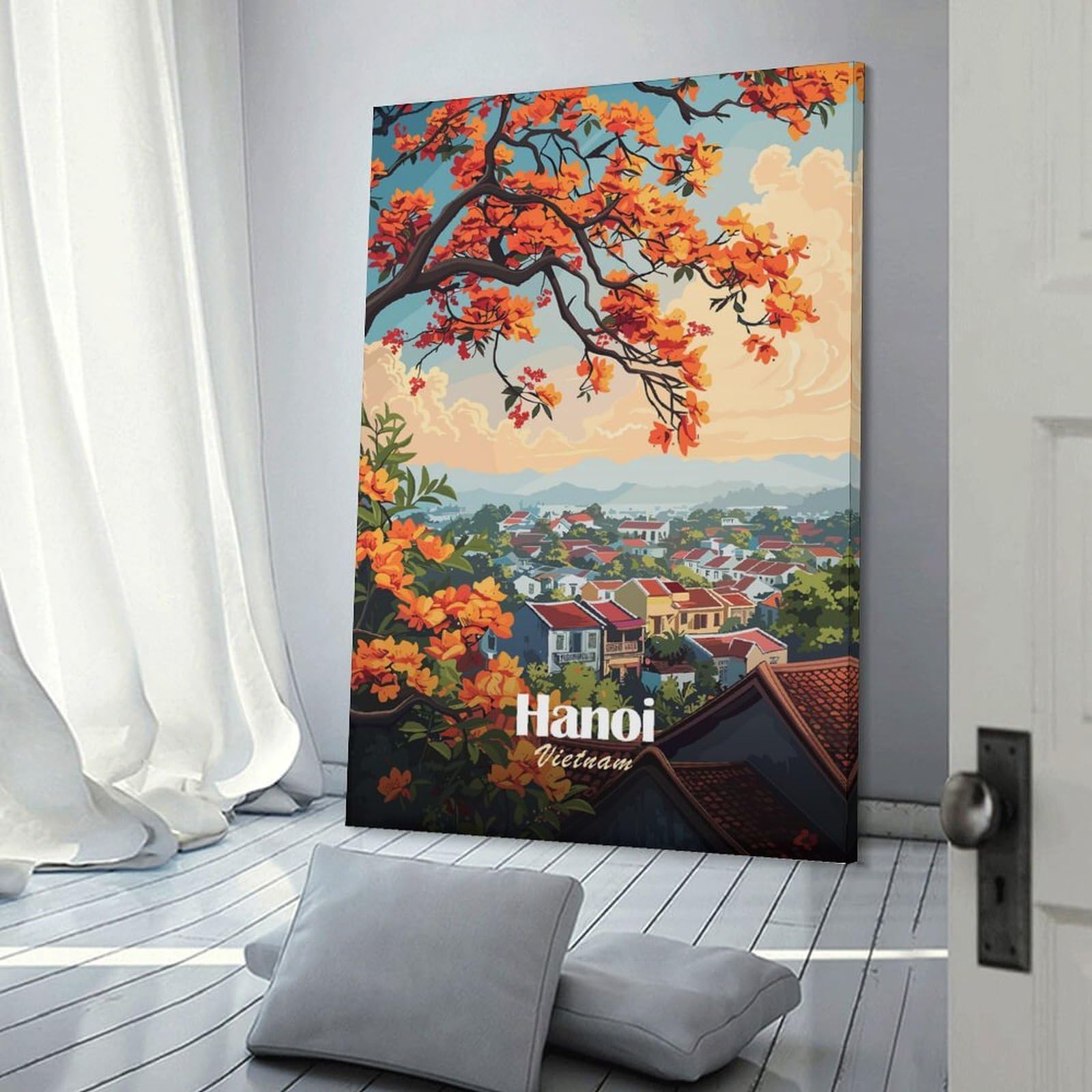 Junmoney Hanoi, Vietnam Cityscape with Orange Flowers Wall Picture Print 08x12inch(20x30cm), for Home Office, Desk Area Or Studio, Home Office Artwork with Decorative Appeal