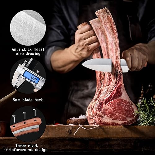 Miniatura 3 de Juego de cuchillos de chef, paquete de 2 cuchillos de corte de carne de acero inoxidable + cuchillo de fruta, cuchillos de cocina afilados con mango