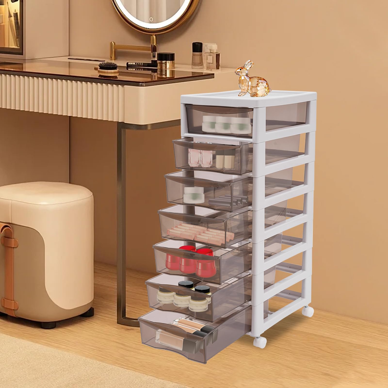 Schubladenbox aus Kunststoff, Aufbewahrungsschrank Schubladen Box Kosmetik Büroorganizer Rollcontainer Unter-Schreibtisch-Schublade, Modernes Design für Home Office und Schlafzimmer (8 Tier)