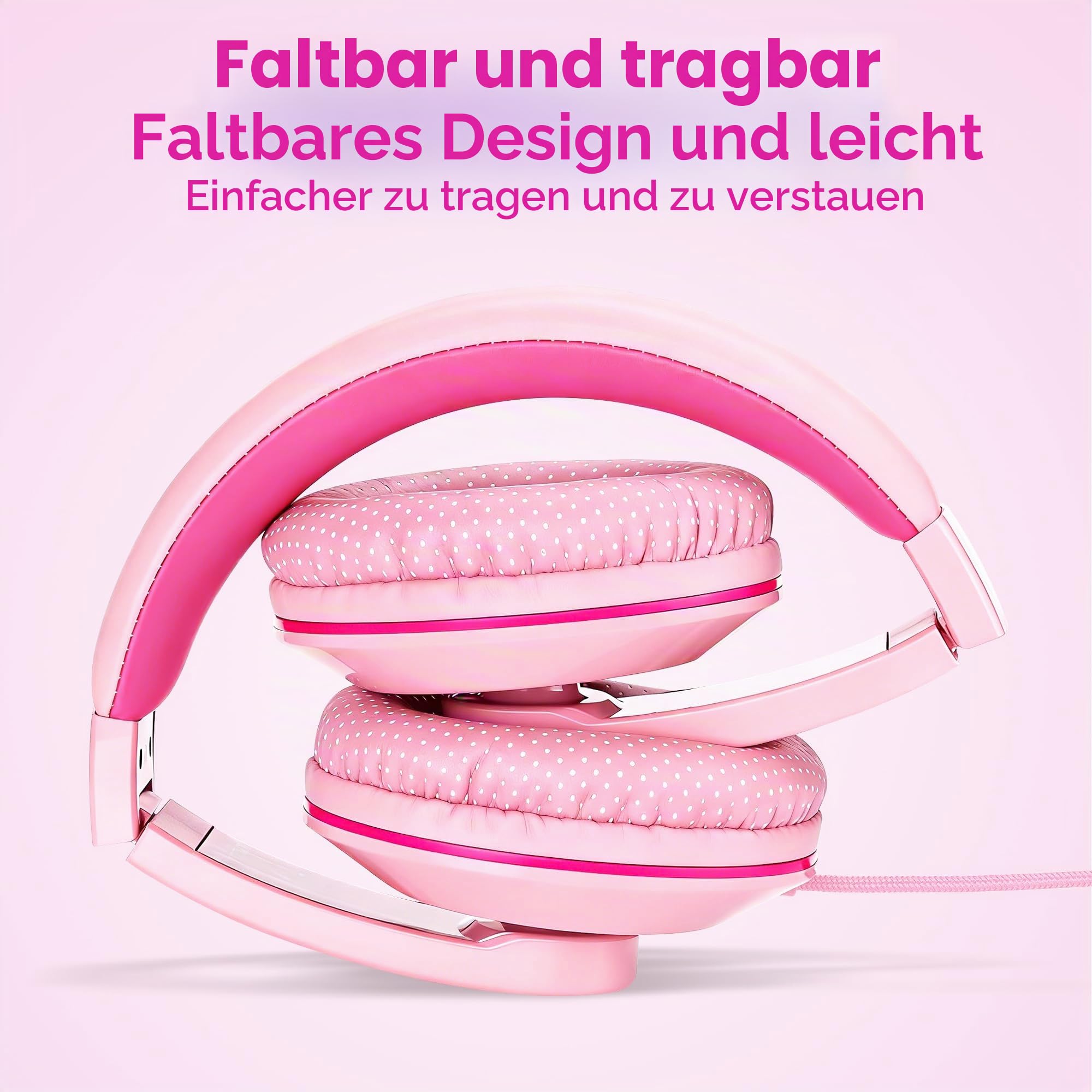 RockPapa Comfort+ Kinder Kopfhörer für Schule Jungen, Kopfhörer Kinder mit Kabel, Einstellbar, Lautstärkeregler, 3,5 mm Jack, HD-Mikrofon, Over Ear Kinderkopfhörer für Schule/Reise/PC, Rosa