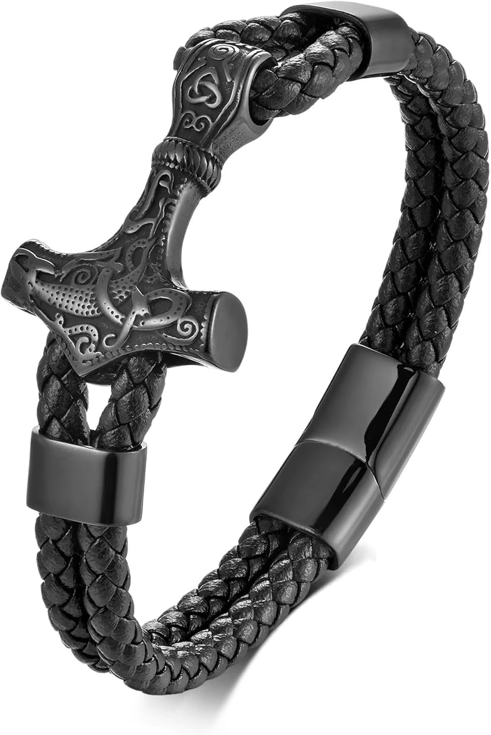 Viking Thors Hammer Mens Bracelet, 14K Black/White Gold Plated Braided Leather Cuff, 316L Stainless Steel Jewelry for Father Husband Son Friend