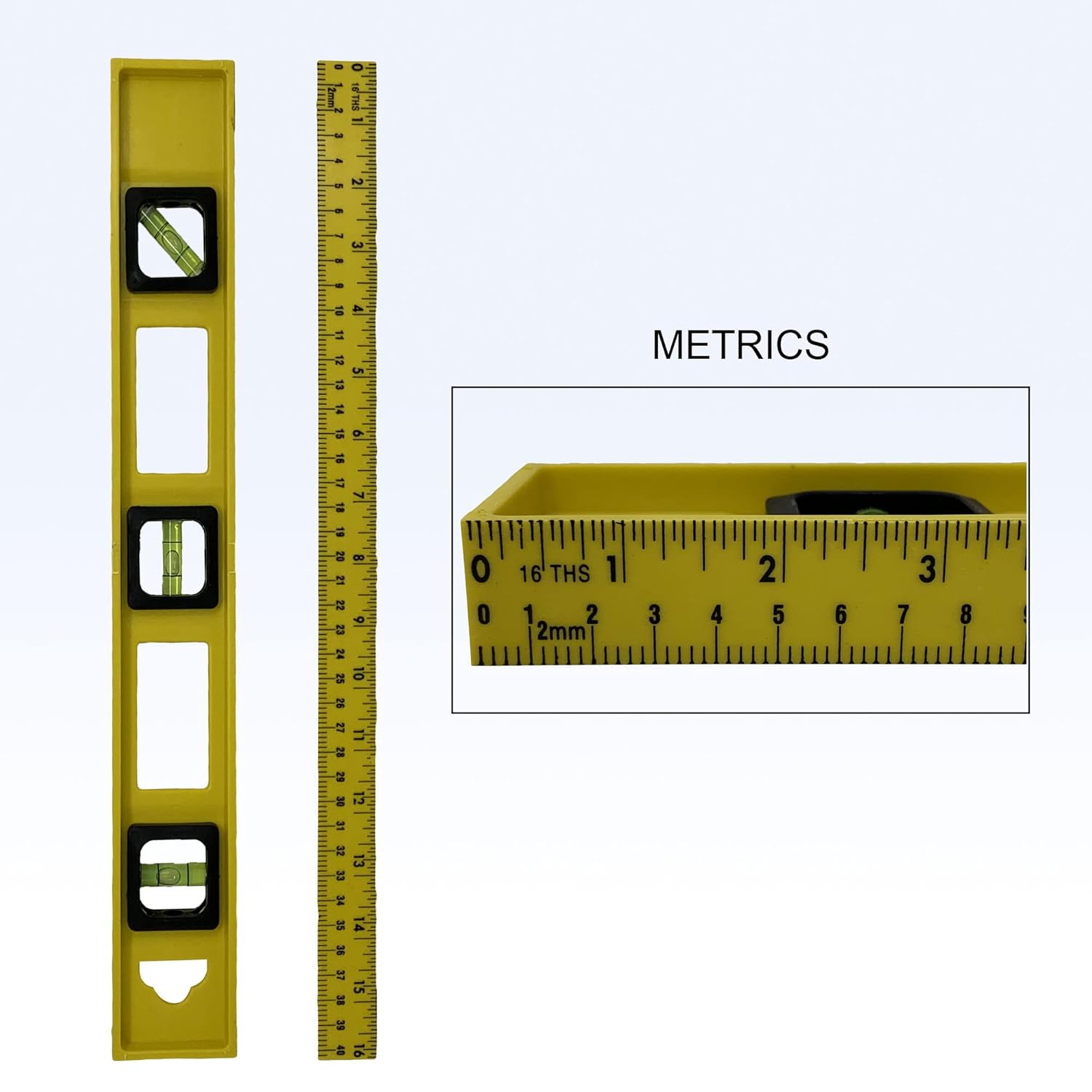 12 Pack Yellow Hardened Plastic 16 Inch Ruler with Plumb and Angel Pitch Levelers for Carpenters, Masons, DIY Projects and Much More Includes CM and MM As Well Wholesale Bulk Lot