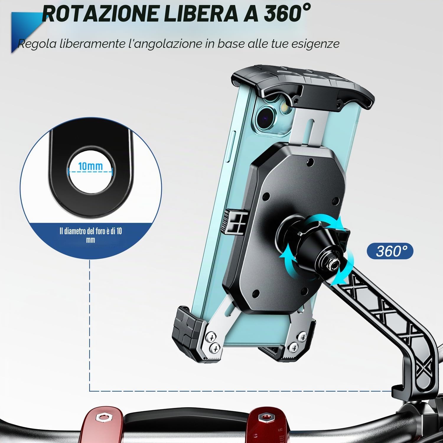 Porta Cellulare Moto, 360 Gradi Rotabile Porta Telefono Moto Antivibrazione Supporto Cellulare Scooter Specchietto Anti-shake Supporto Smartphone Scooter per Telefono da 4.0-7.0 Pollici (Nero)