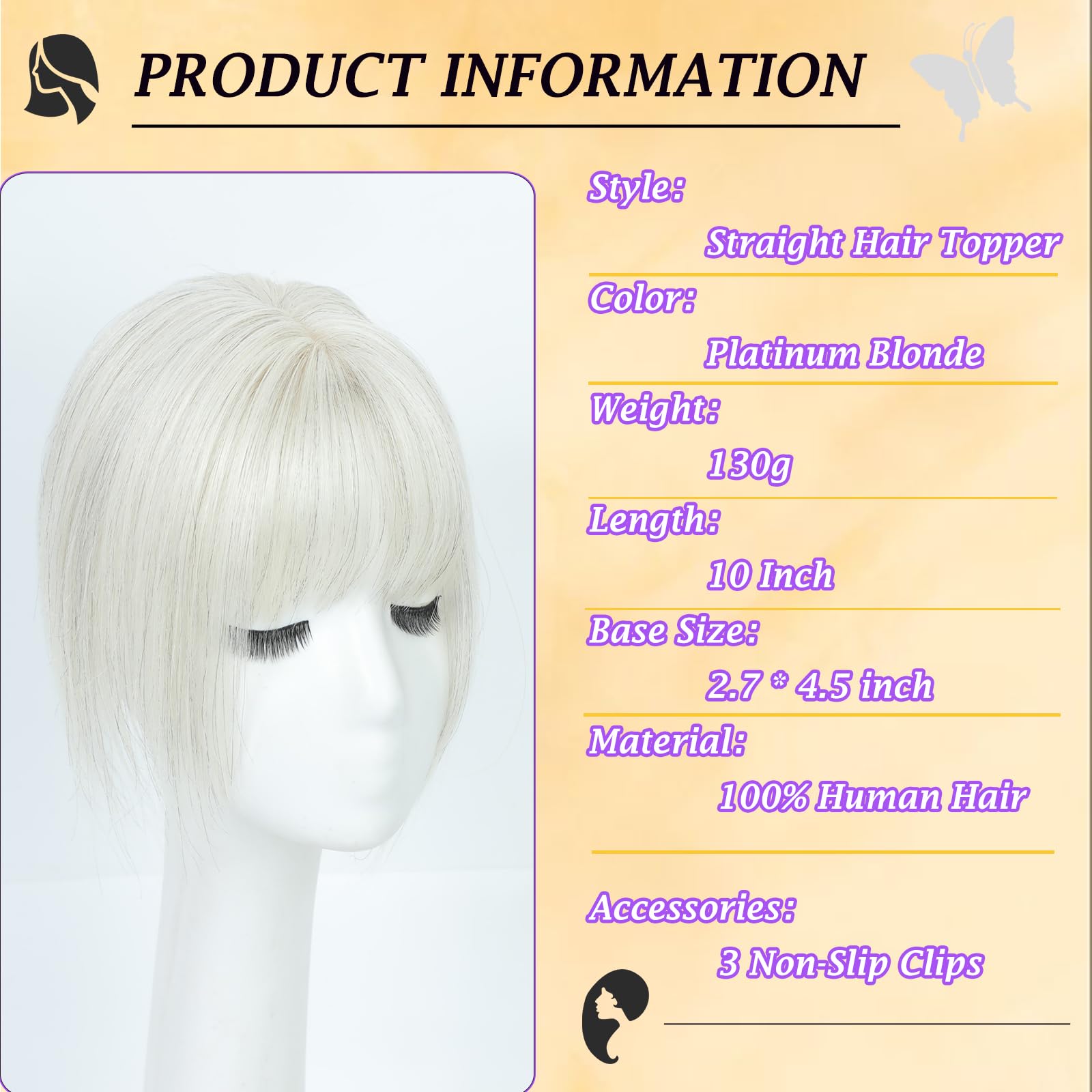 10 Inch Human Hair Topper with Bangs for Thinning Crown Daily Use 10 Inch Glueless Real Human Hair Topper with Bangs, 3×4.5  main image 2