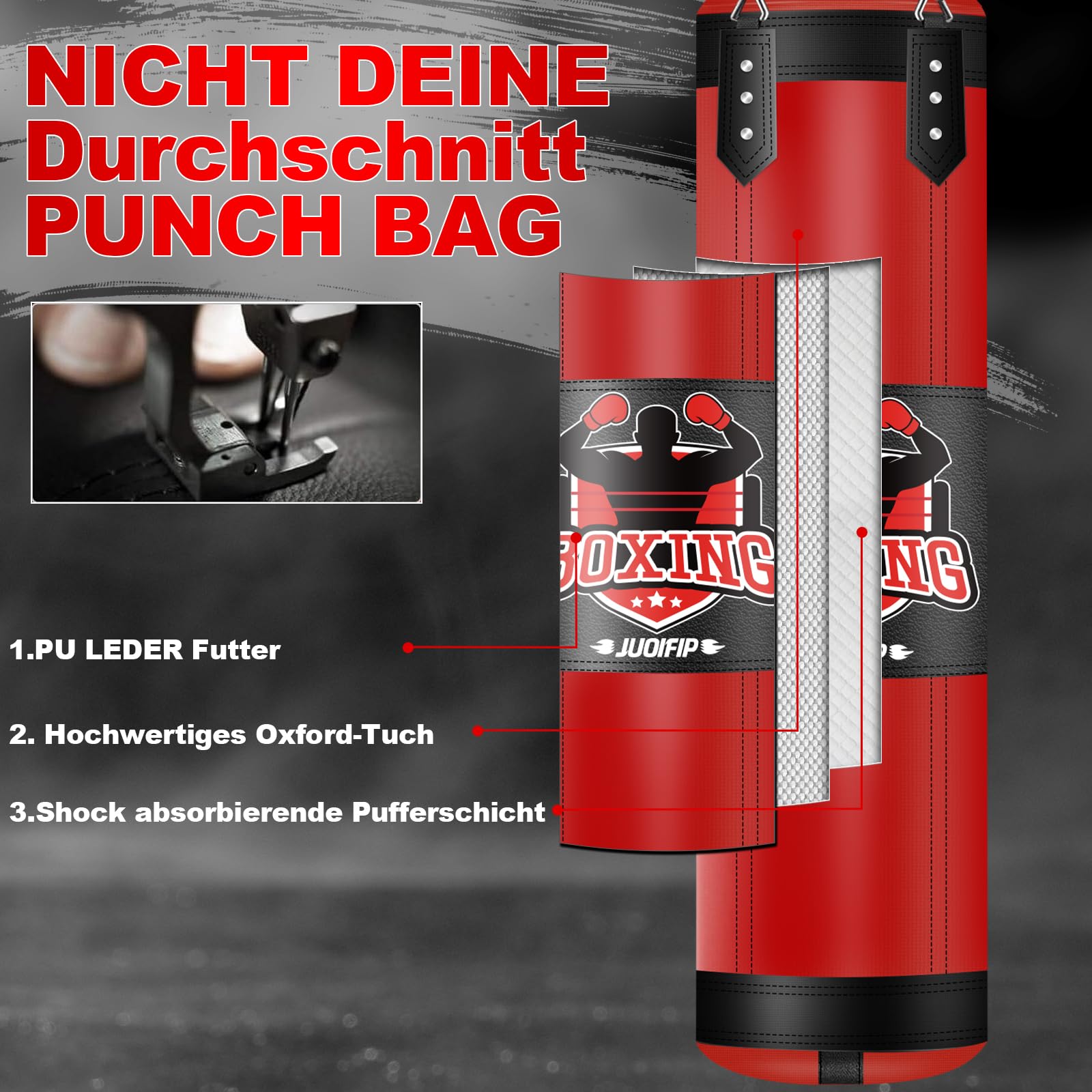 Boxsack-Set für Erwachsene, 120cm/4ft Oxford-Boxsack-Set mit 12oz Boxhandschuhen, geeignet für MMA-Karate-Kickboxen-Boxen-Muay-Thai-Training zu Hause – unbefüllter Schwerer Sack-rot