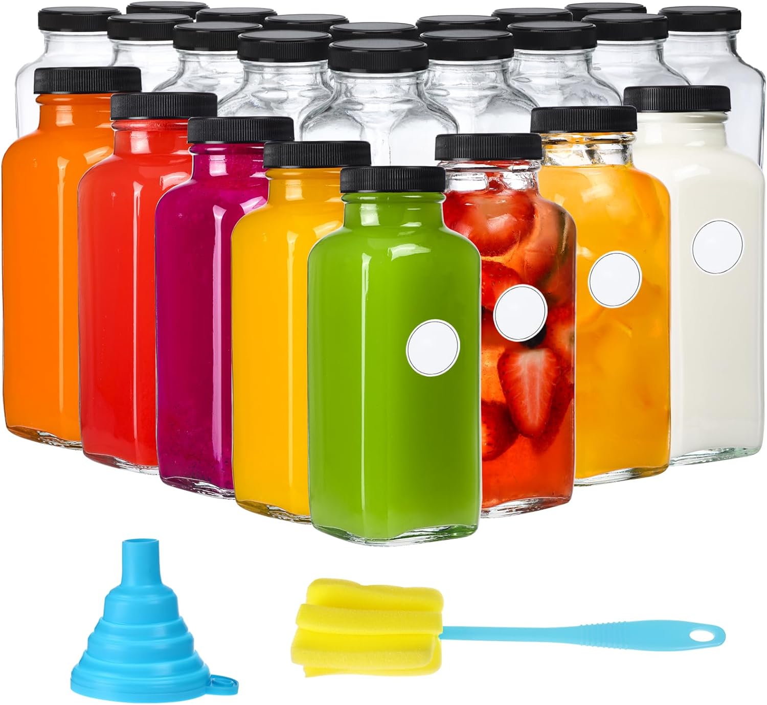 CUCUMI 12oz Glass Juice Bottles With Lids, 24pcs Reusable Drinking Bottles, Blank Labels, Brush, Funnel for Storing Tea, Kombucha, Milk