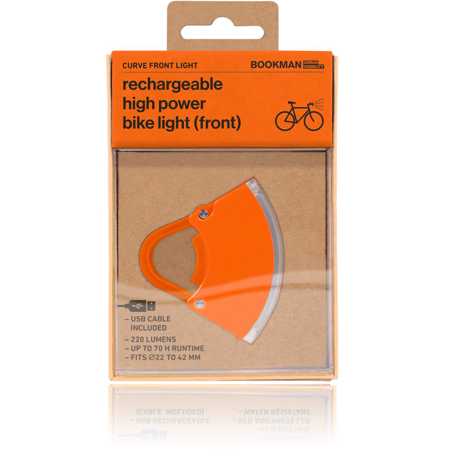 Bookman Bicycle Curve Front Light | Rechargeable High Power Bike Front Light | Front Headlight Night Safety ( Light Orange - H57 x W30 x D35 mm)