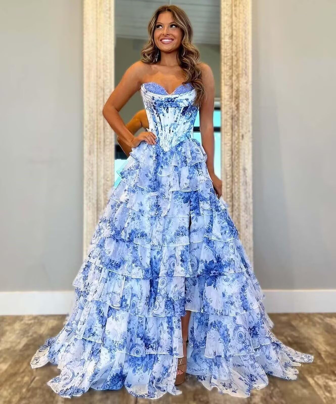 Abito da ballo da donna floreale in chiffon a più livelli con scollo a cuore abito da ballo corsetto vita impero abiti da sera formali 3222