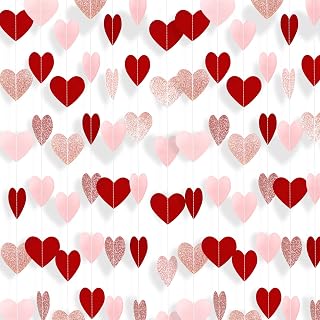 Rose-Gold Pink Burgundy-Red Heart Garland Valentines Decorations Heart Paper Streamers Banner for Wedding Engagement Valentines Galentines Mothers Day Birthday Party Decor 52 Feet