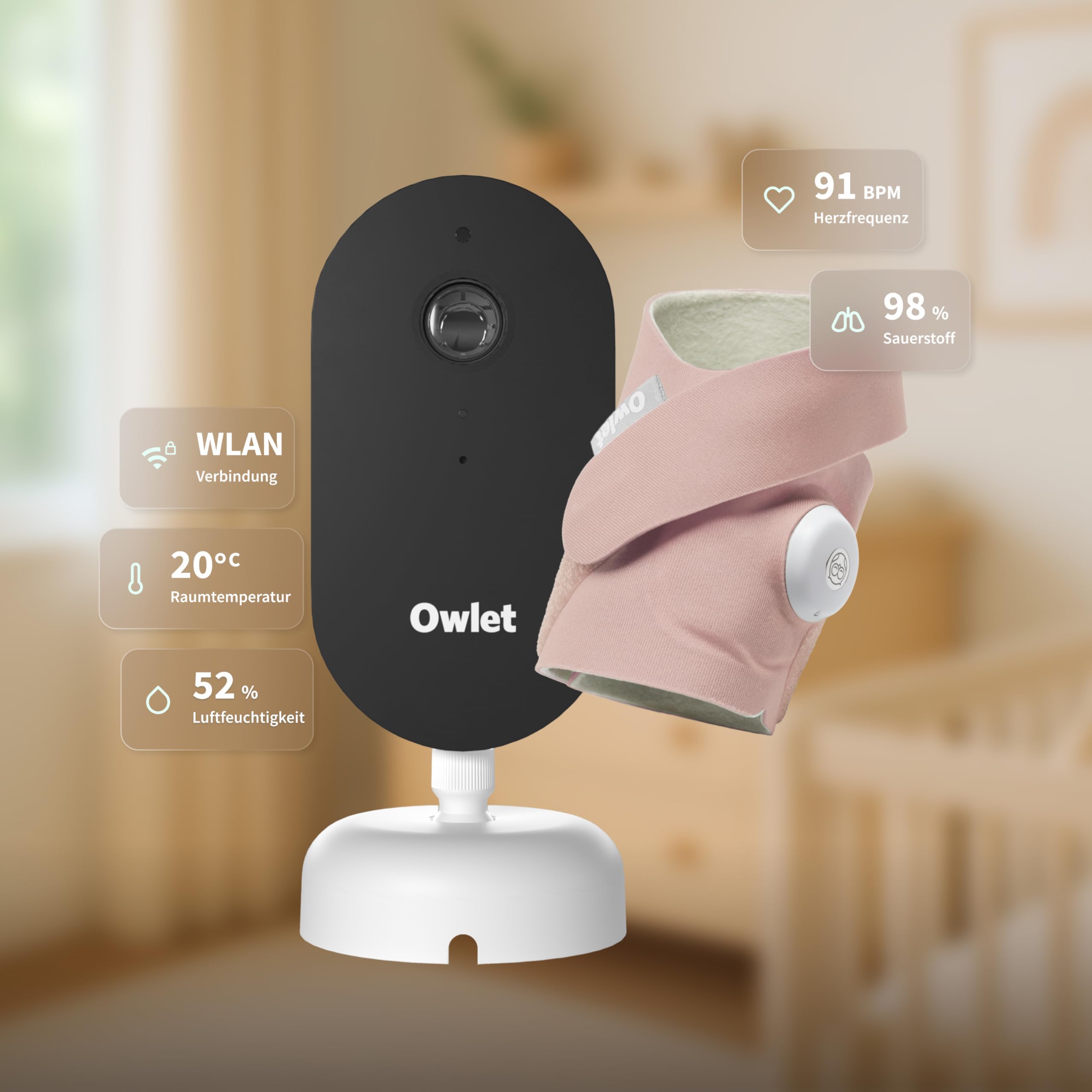 Owlet Dream Duo – Smartes Babyphone mit App | Dusty Rose | Sensorbasierte Babyüberwachung mit Dream Sock®, 2K HD Kamera, Schlaftracking & Echtzeit-Benachrichtigungen | WLAN