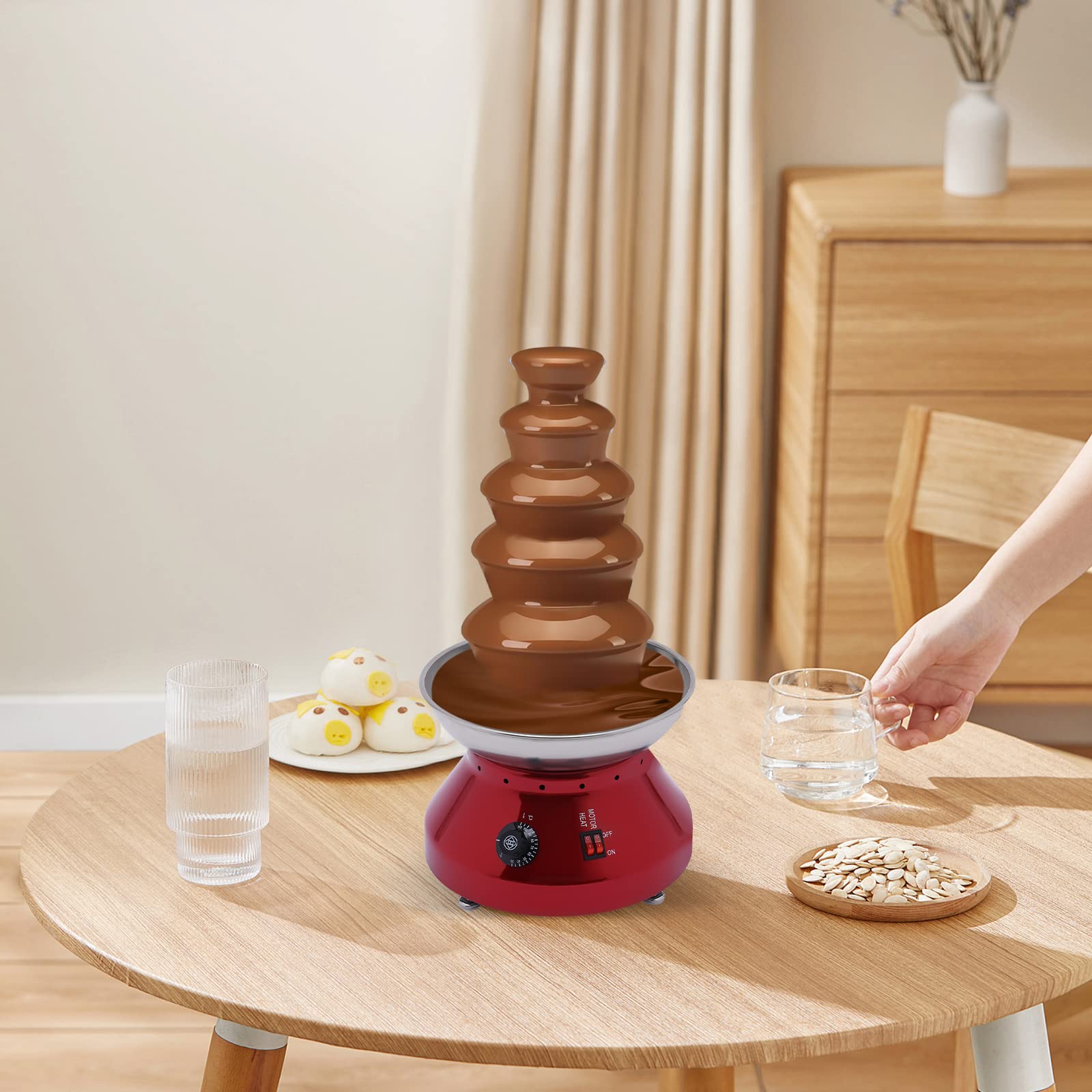 Unnsiapit 5-Tier Chocolate Fondue Fountain, 230W 3L/0.8Gal Electric Stainless Steel Chocolate Fountain Machine with Fruit Tray, Chocolate Cheese Butter Warmer for Wedding Party, 86-230°F, Red